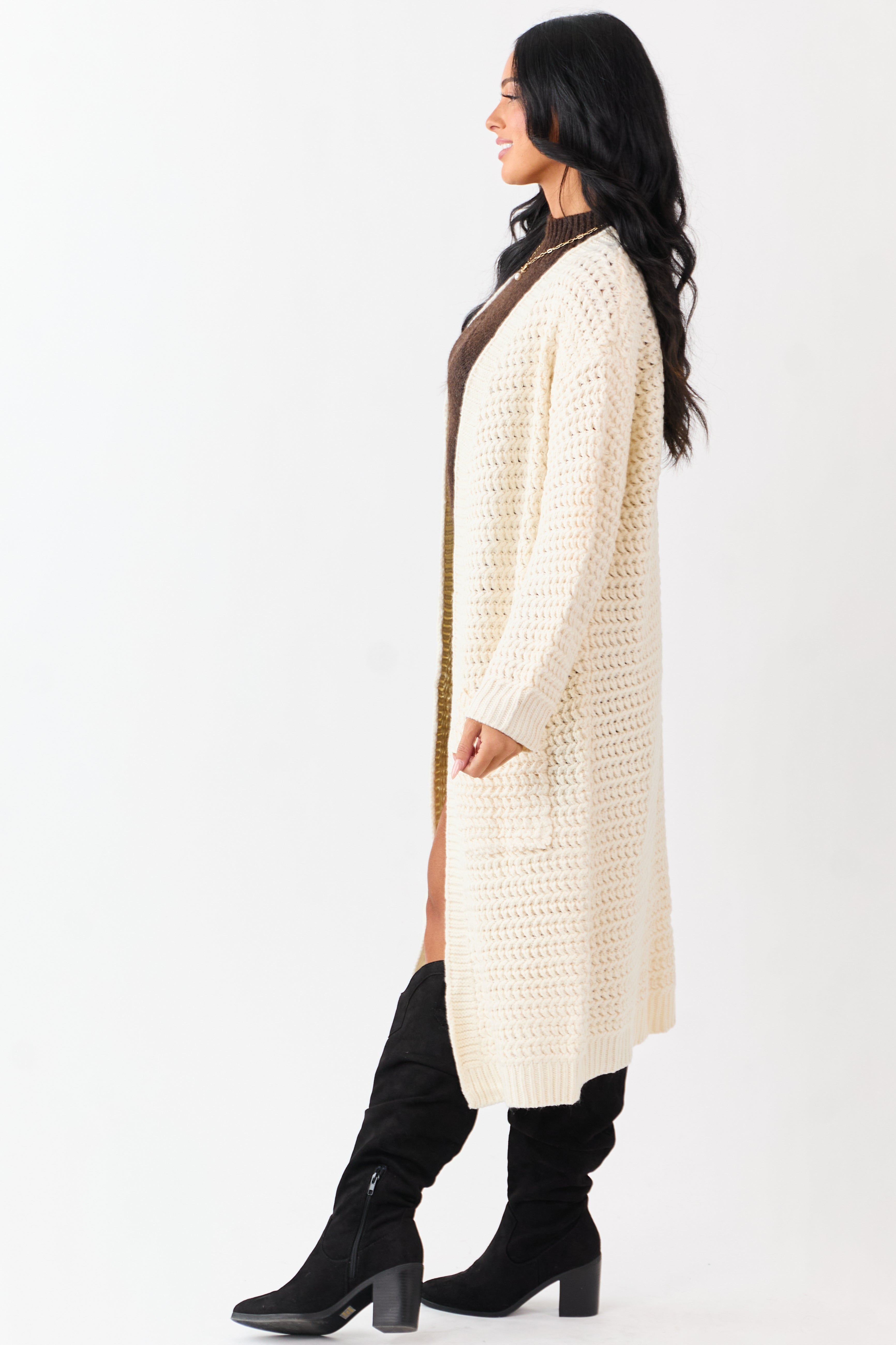 Lovelo Cream Waffle Knit Open Front Duster Cardigan | Lime Lush