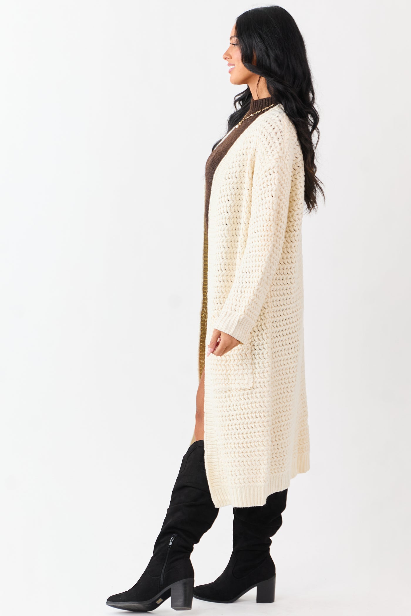 Lovelo Cream Waffle Knit Open Front Duster Cardigan