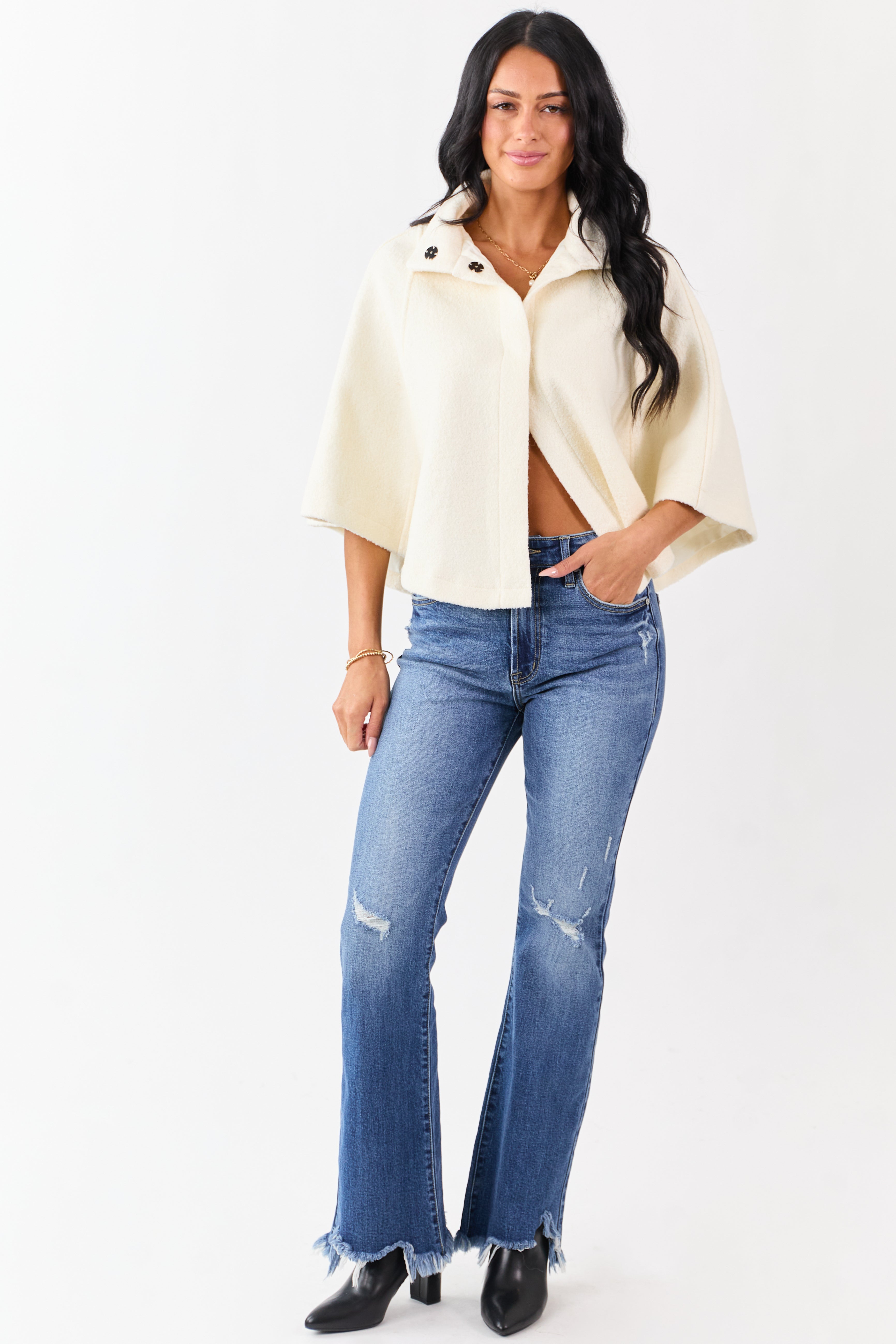 Lovelo Cream Wool Blend Snap Button Cape Jacket