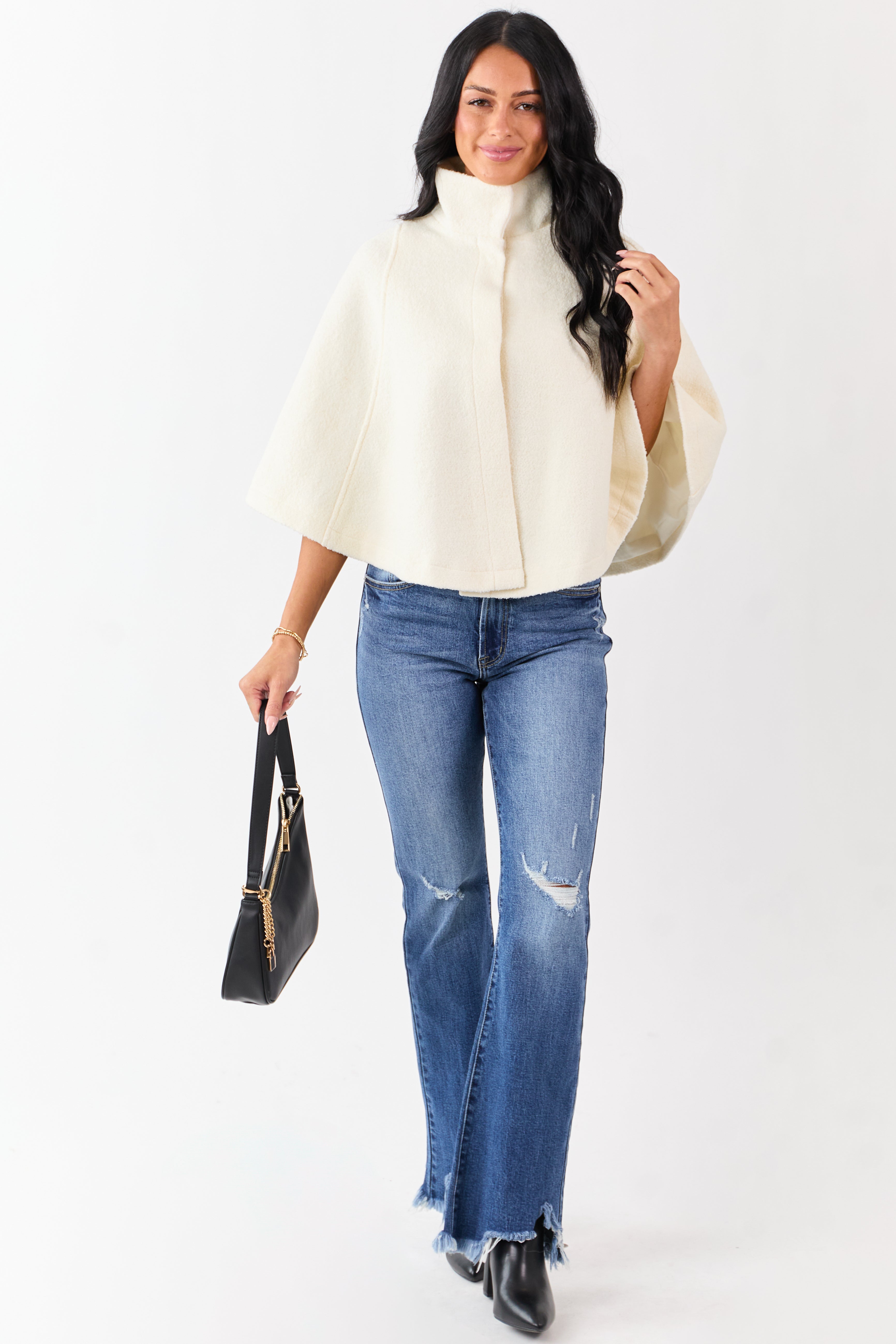 Lovelo Cream Wool Blend Snap Button Cape Jacket