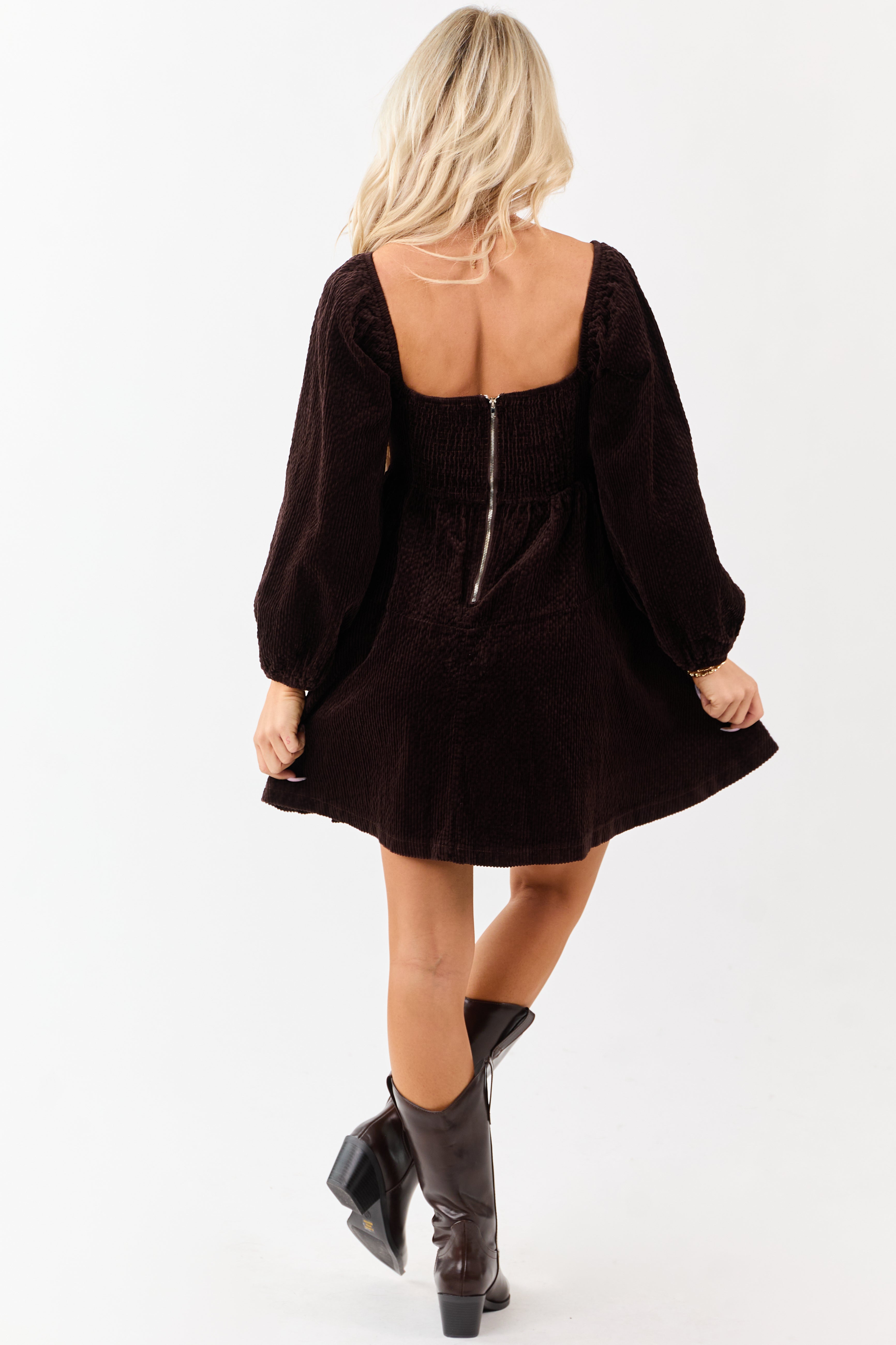Lovelo Dark Cocoa Corduroy Puff Sleeve Mini Dress