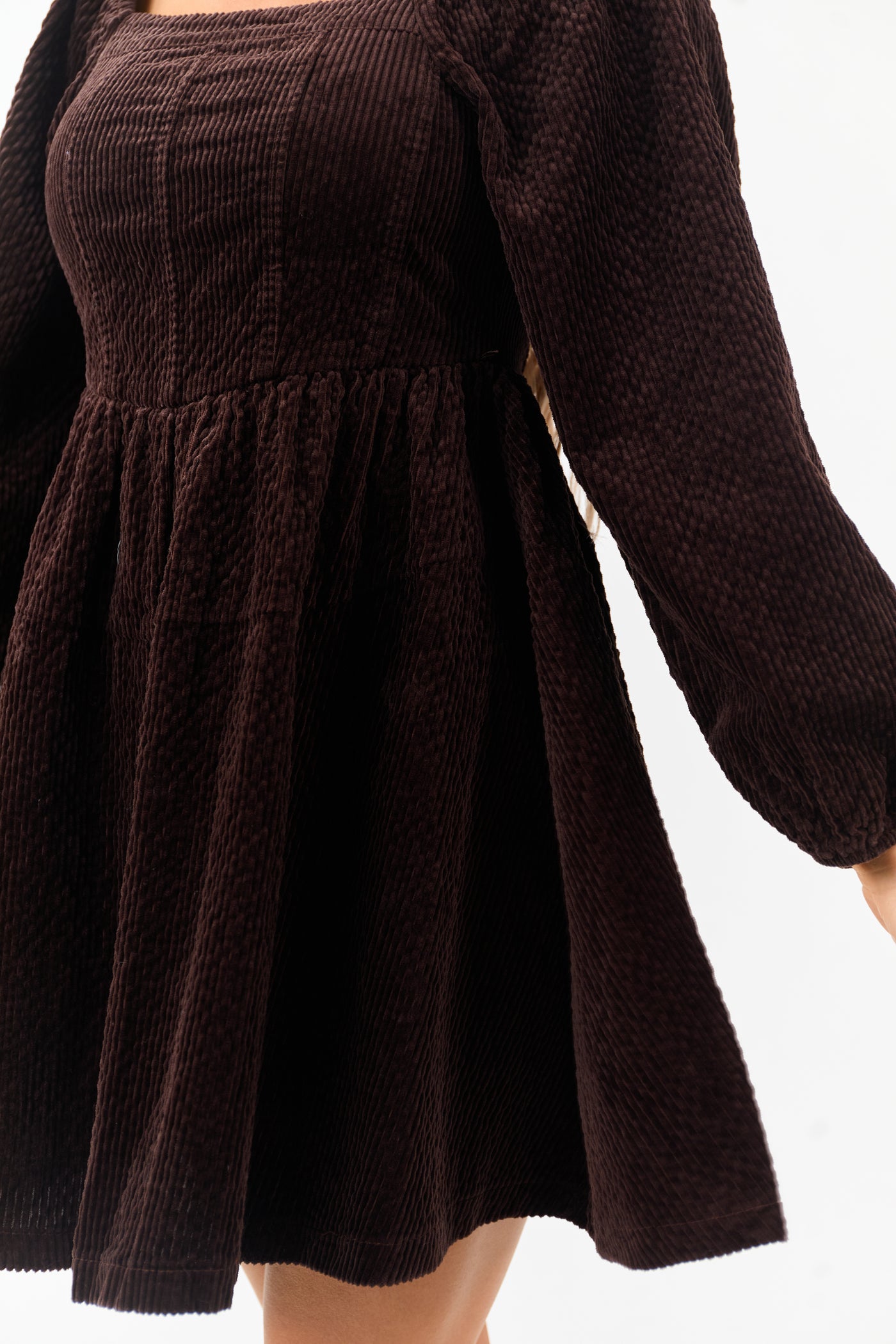 Lovelo Dark Cocoa Corduroy Puff Sleeve Mini Dress