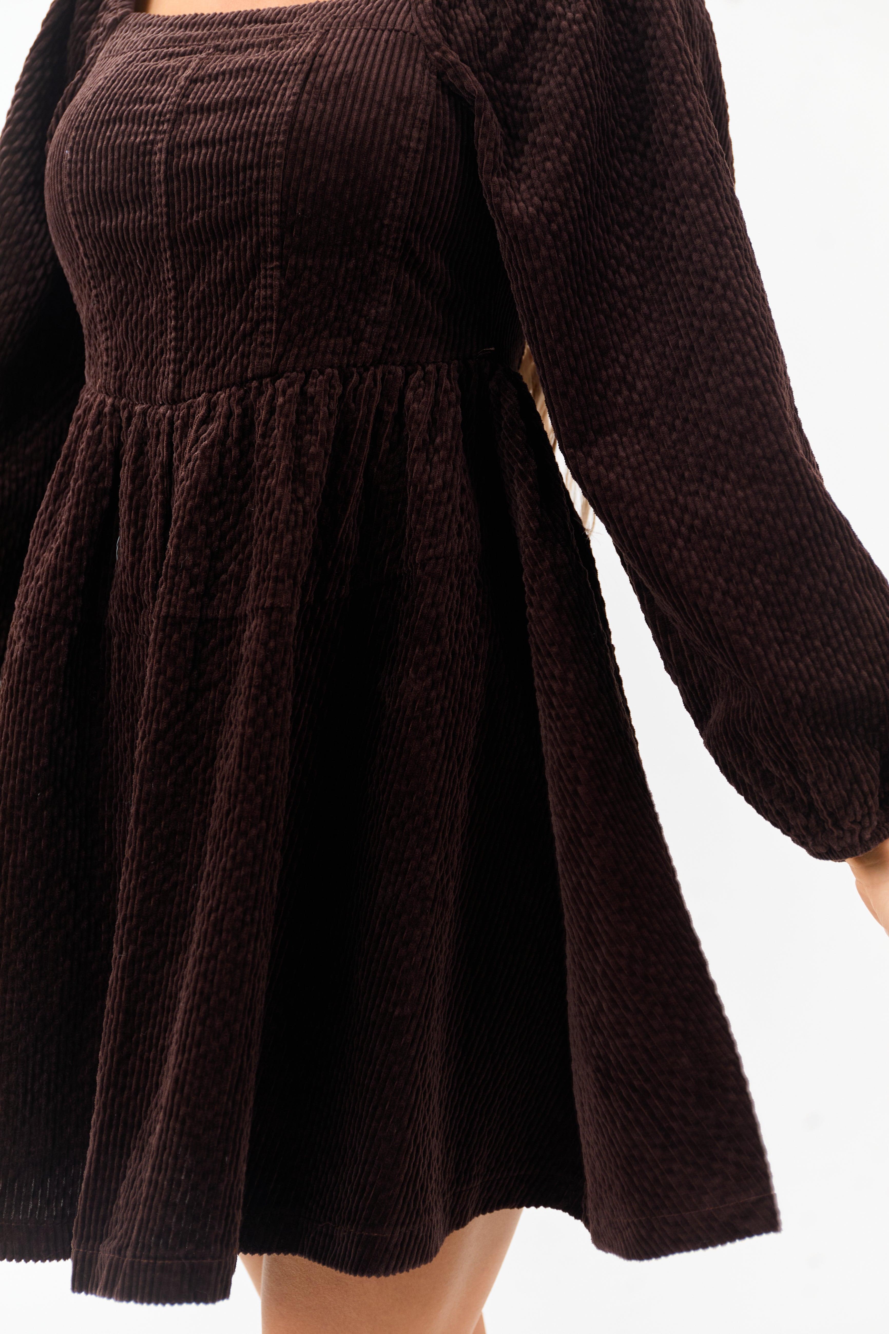 Lovelo Dark Cocoa Corduroy Puff Sleeve Mini Dress