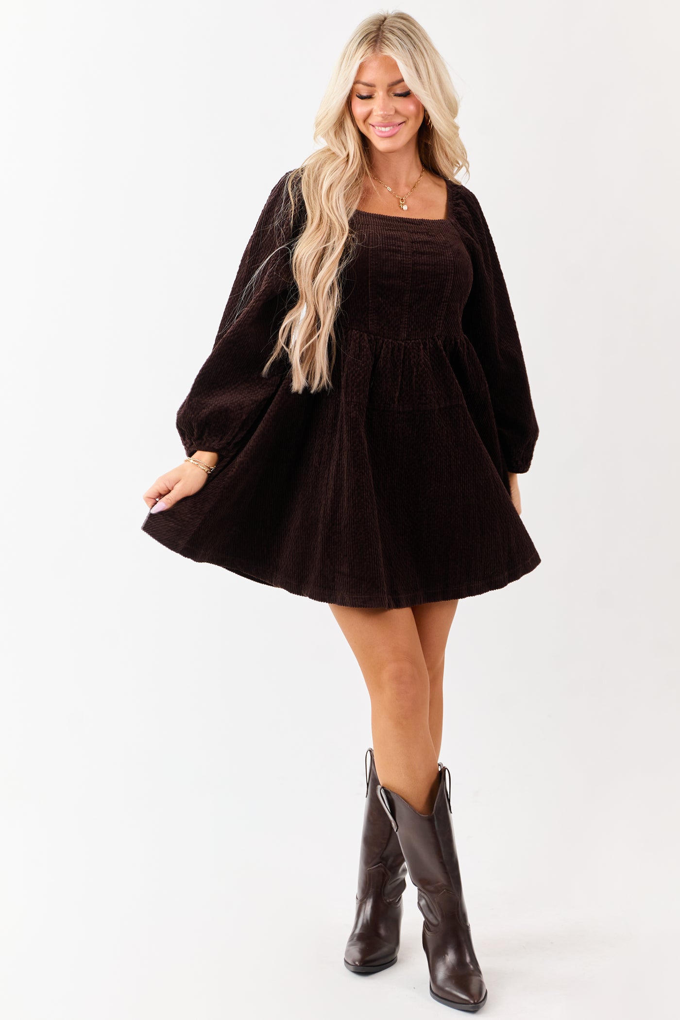 Lovelo Dark Cocoa Corduroy Puff Sleeve Mini Dress