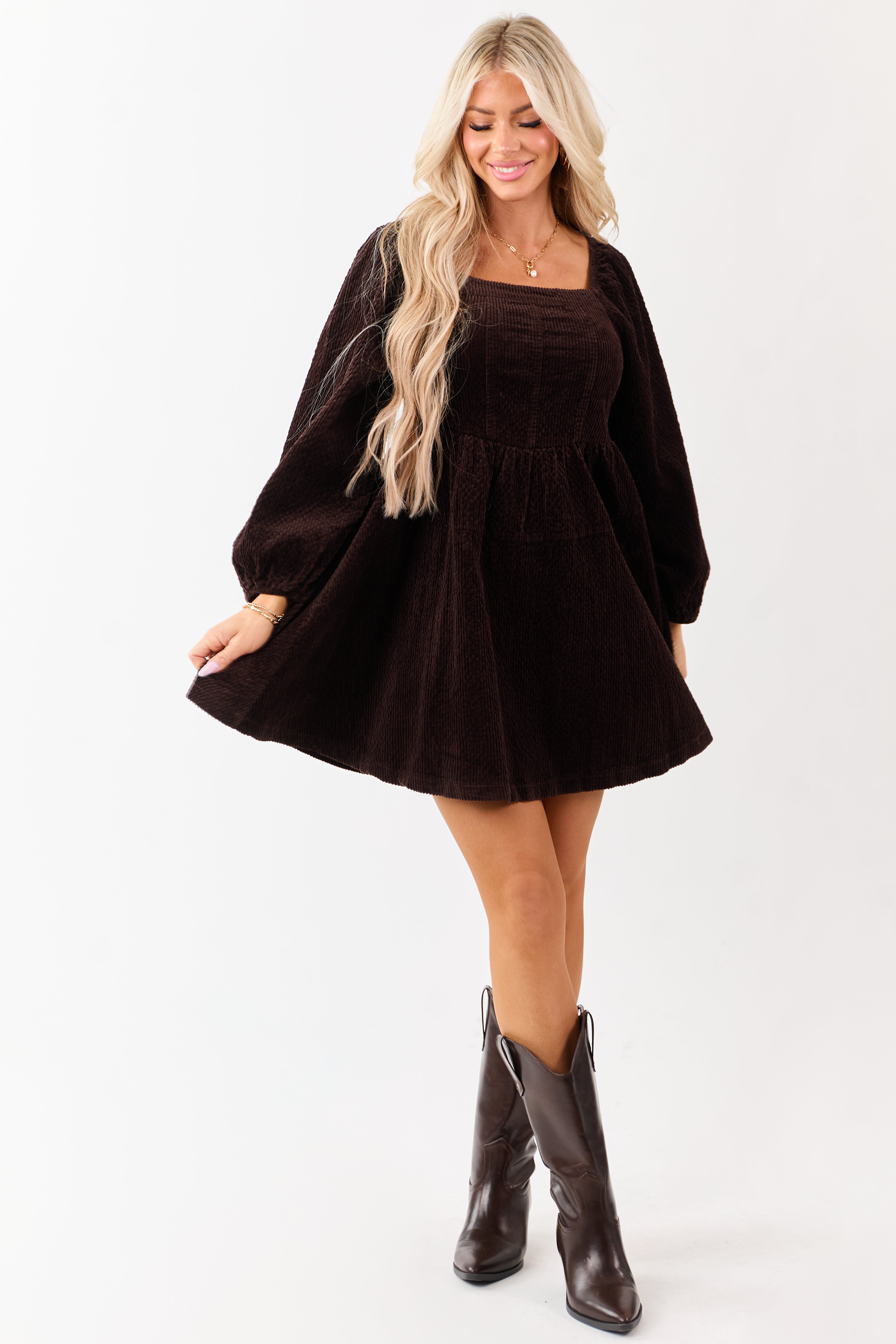 Lovelo Dark Cocoa Corduroy Puff Sleeve Mini Dress