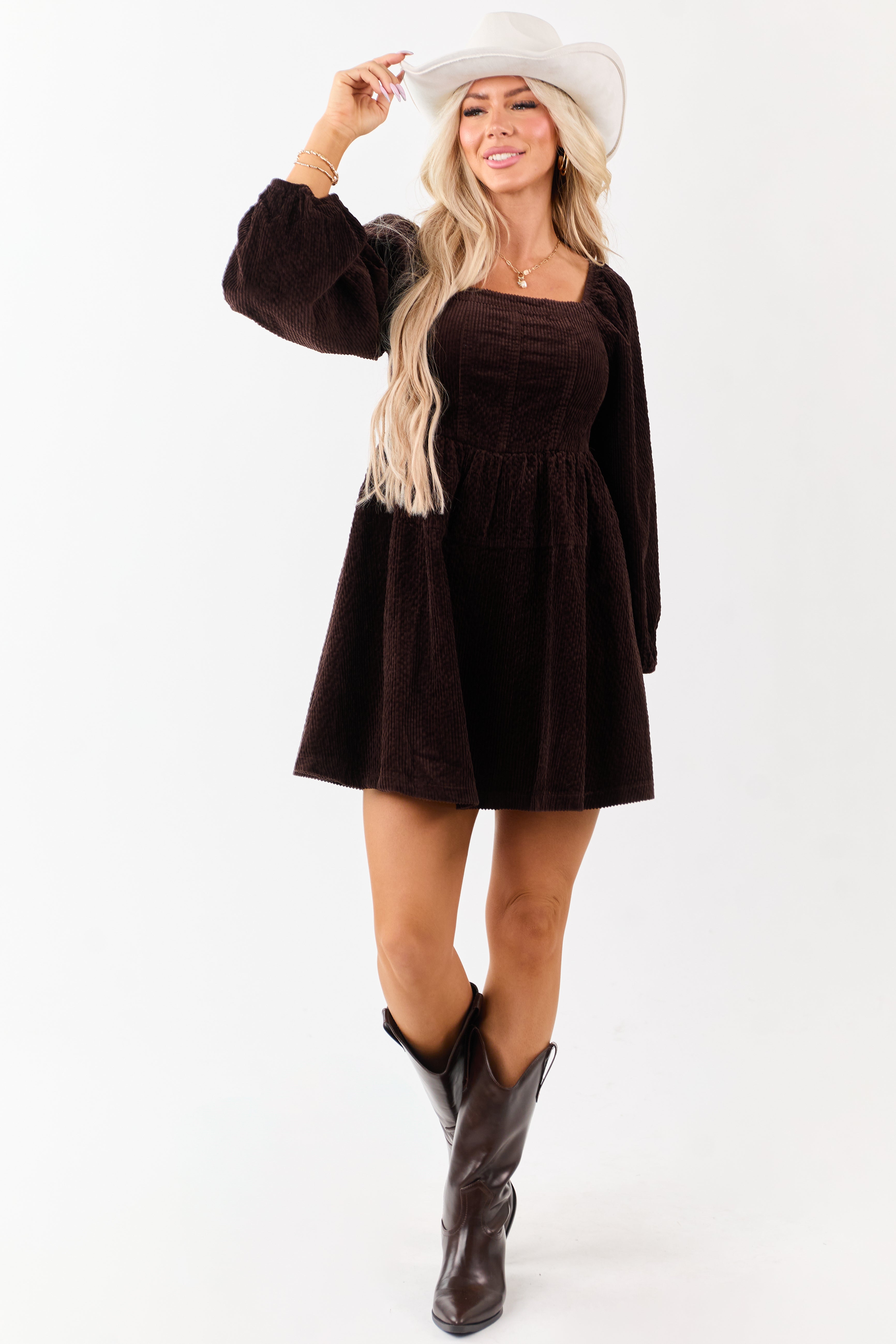 Lovelo Dark Cocoa Corduroy Puff Sleeve Mini Dress