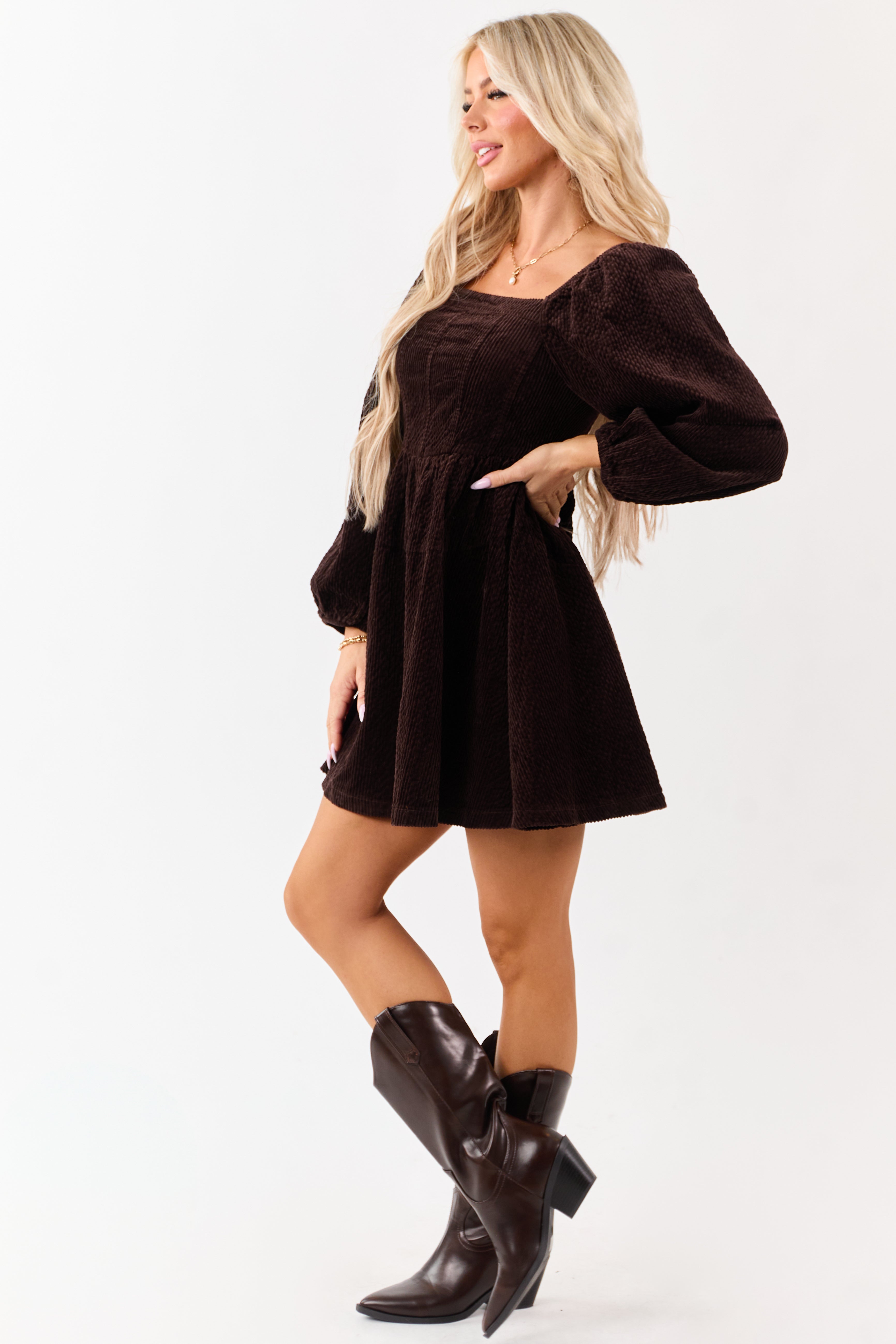 Lovelo Dark Cocoa Corduroy Puff Sleeve Mini Dress