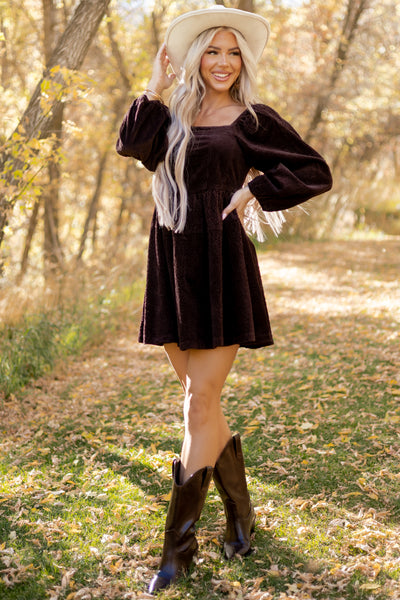 Lovelo Dark Cocoa Corduroy Puff Sleeve Mini Dress