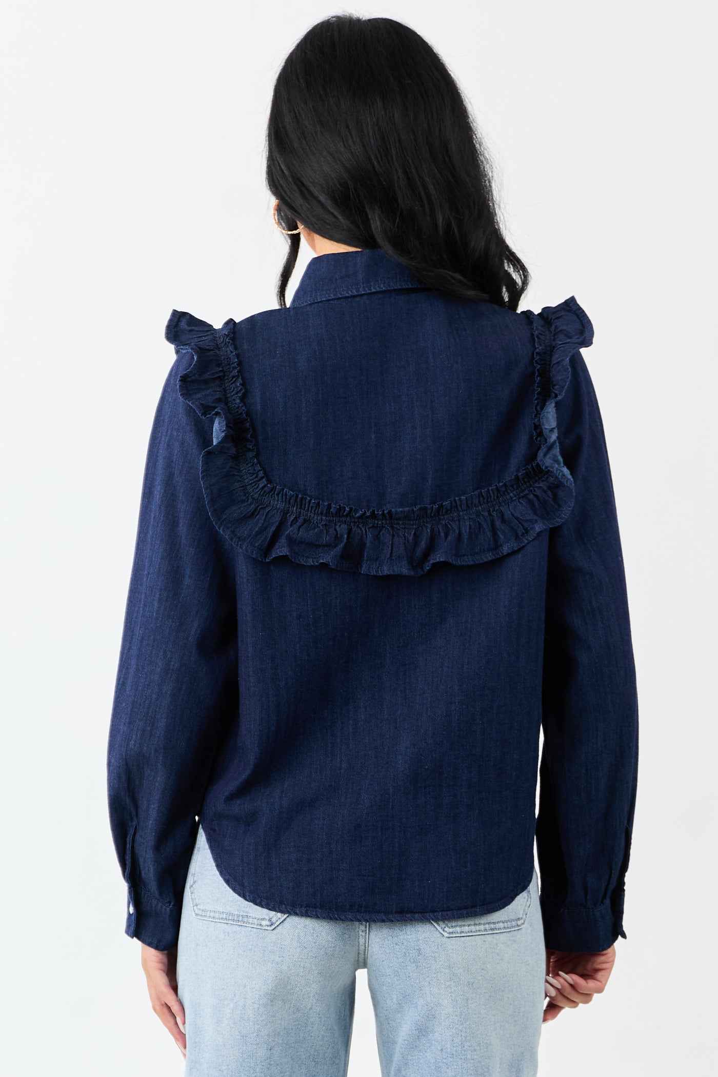Lovelo Dark Denim Button Up Ruffled Long Sleeve Top