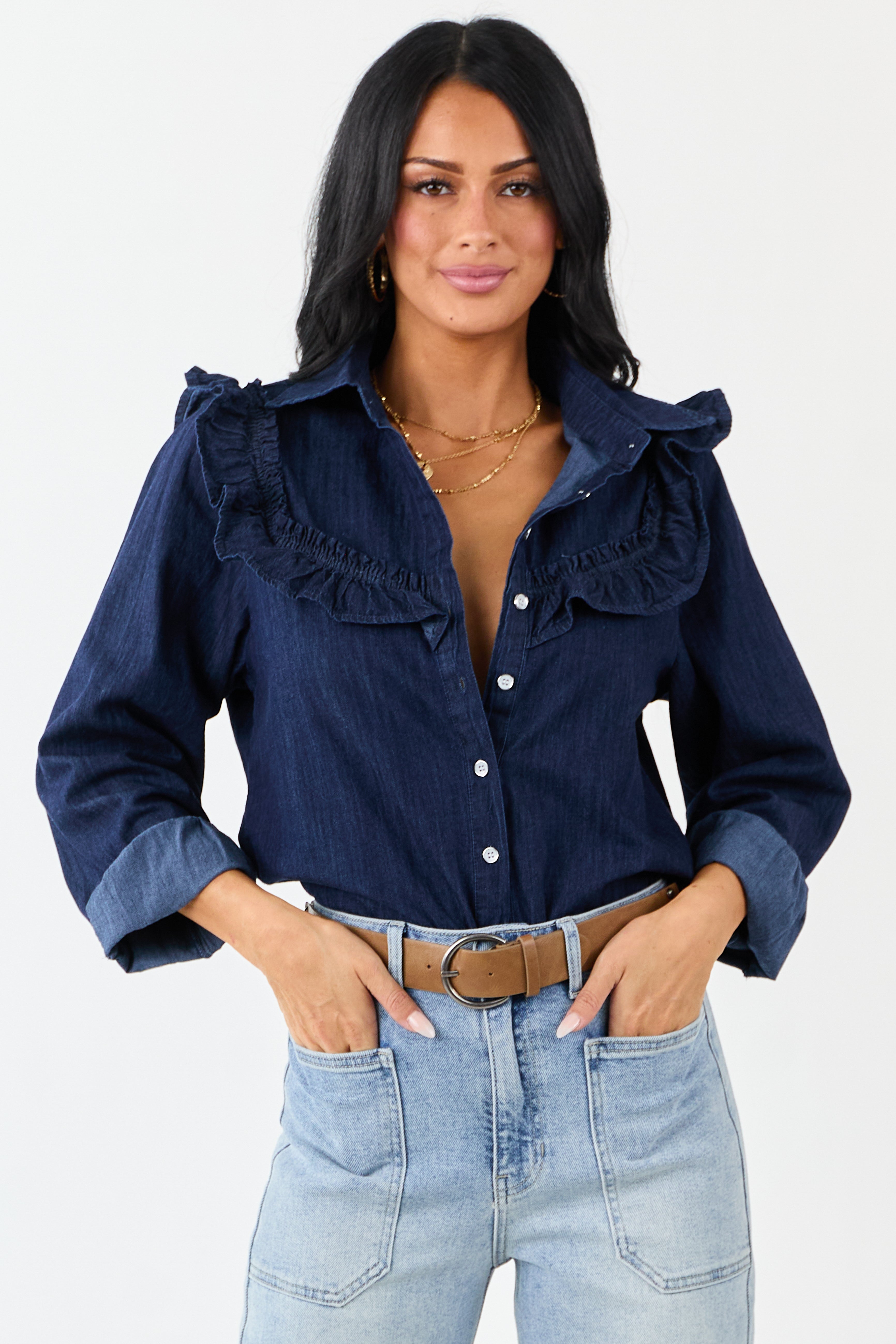 Lovelo Dark Denim Button Up Ruffled Long Sleeve Top