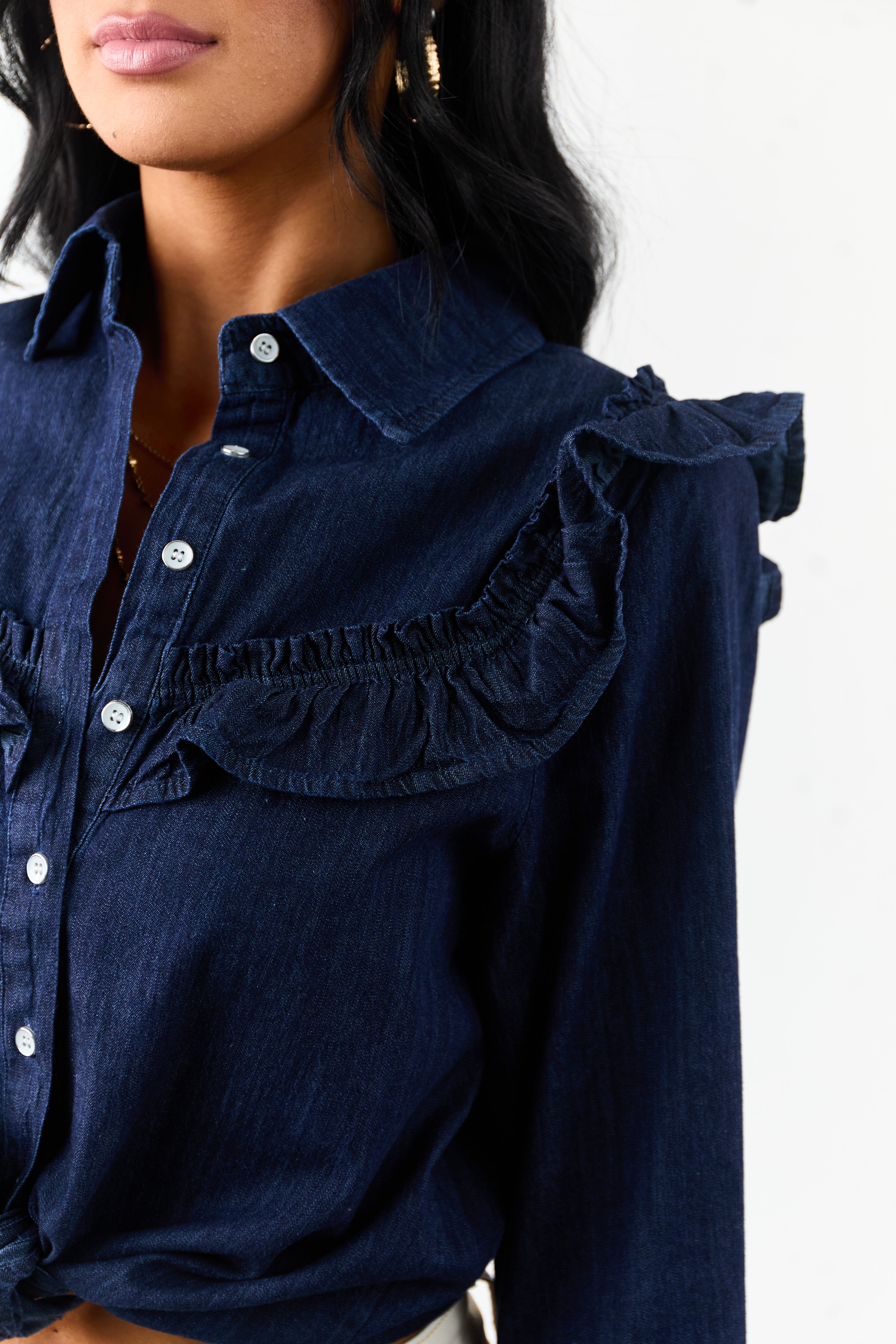 Lovelo Dark Denim Button Up Ruffled Long Sleeve Top