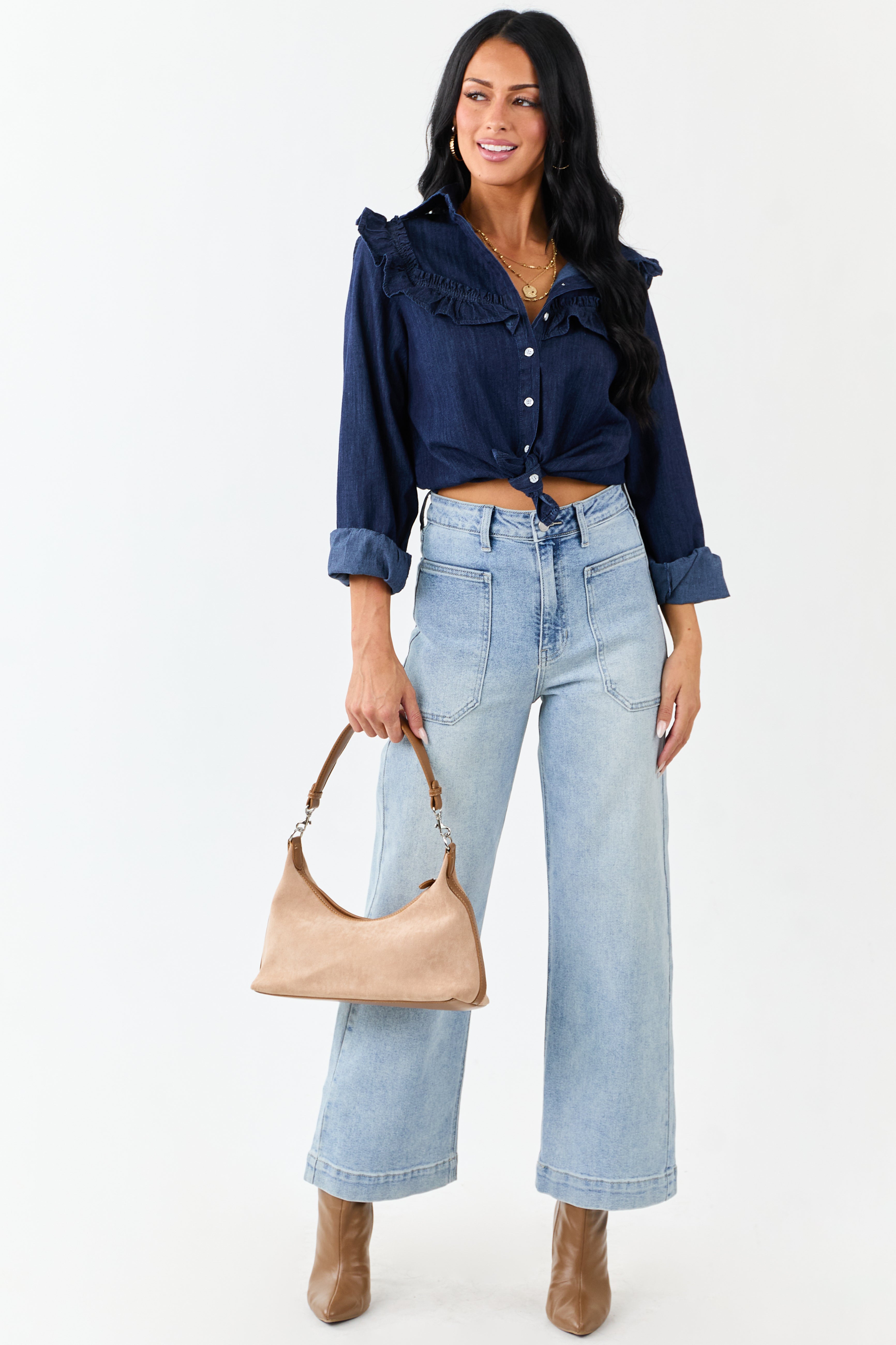 Lovelo Dark Denim Button Up Ruffled Long Sleeve Top