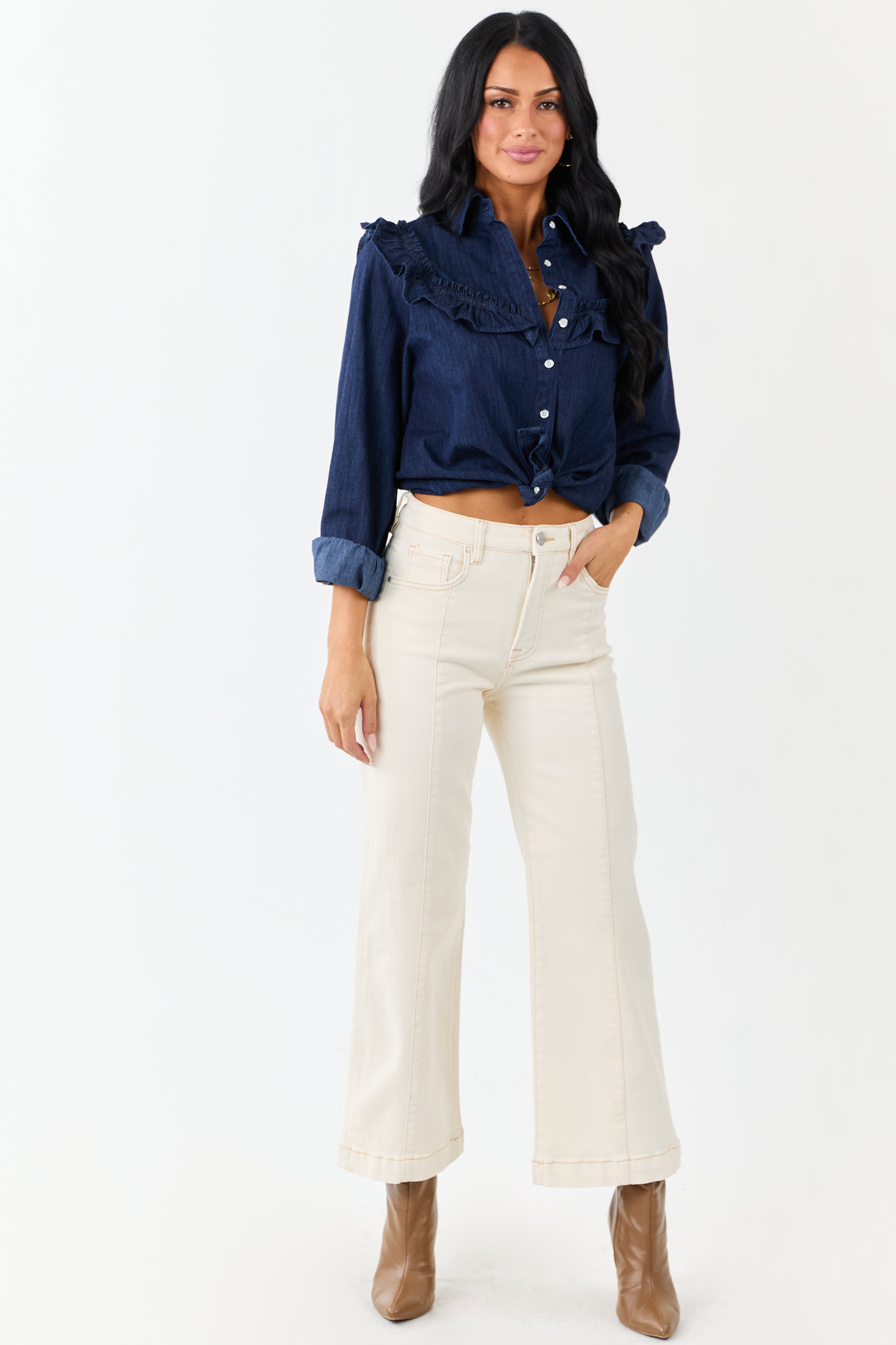 Lovelo Dark Denim Button Up Ruffled Long Sleeve Top