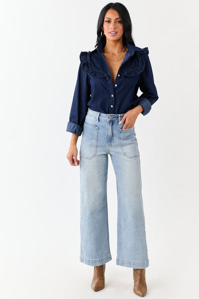 Lovelo Dark Denim Button Up Ruffled Long Sleeve Top