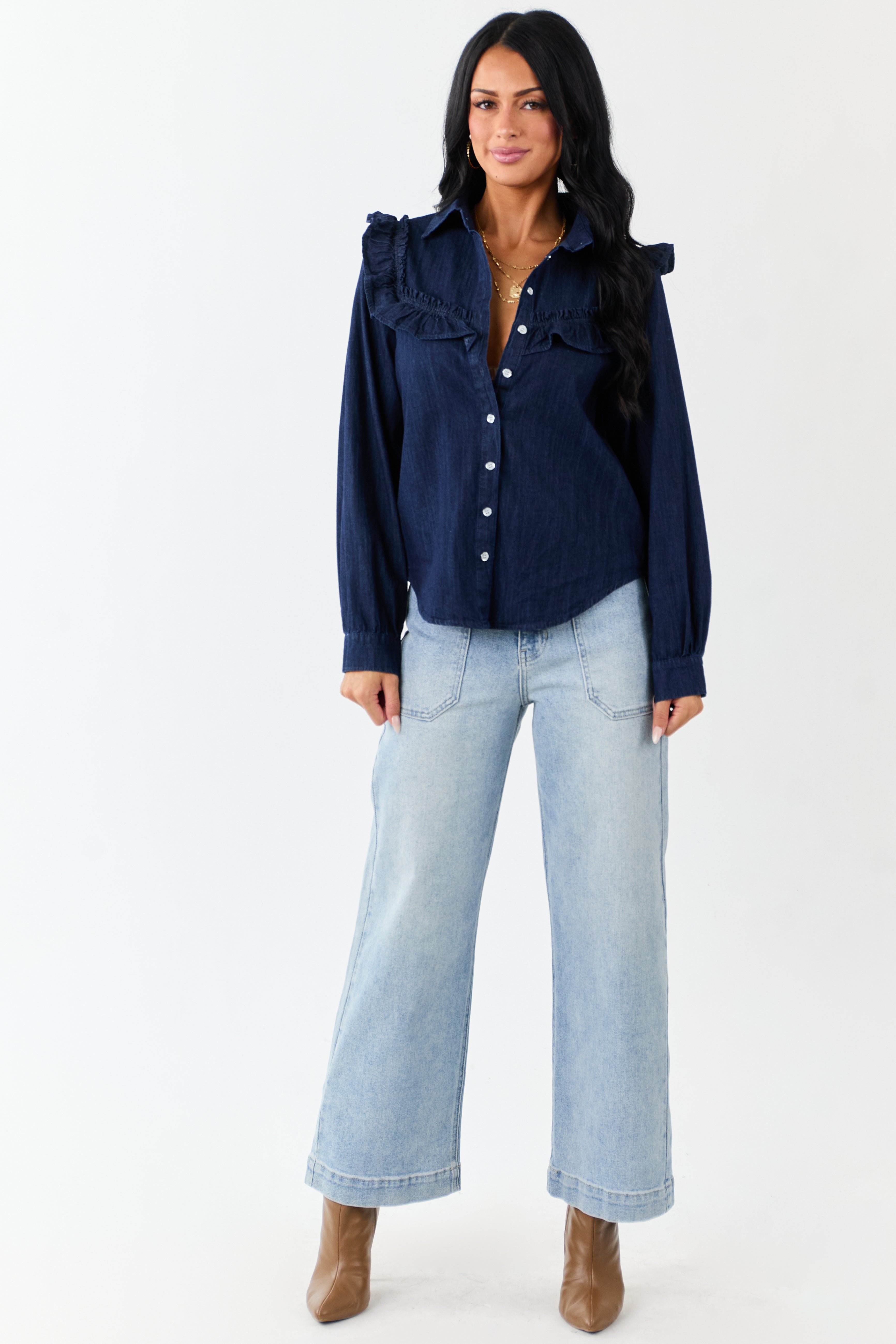 Lovelo Dark Denim Button Up Ruffled Long Sleeve Top