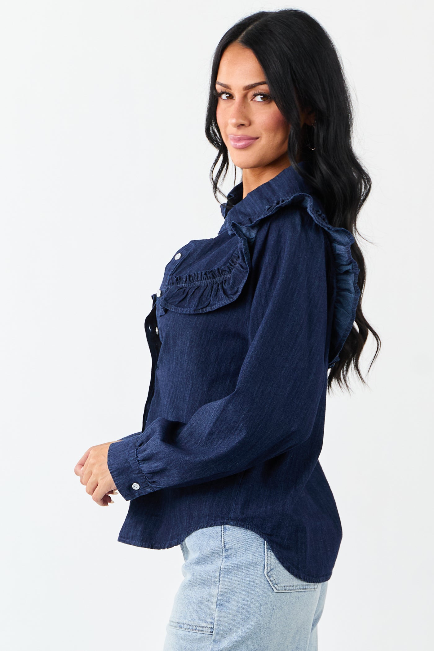 Lovelo Dark Denim Button Up Ruffled Long Sleeve Top