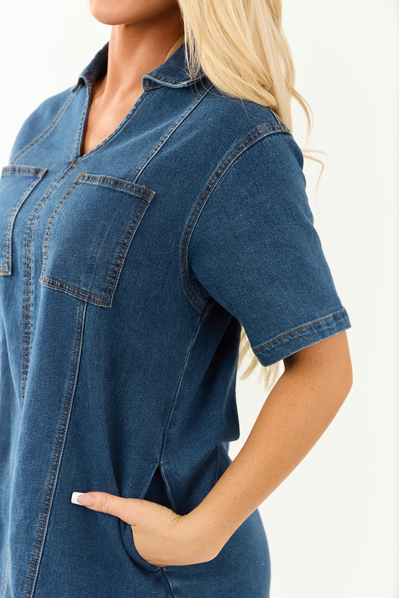 denim collared mini dress PrettyLittleThing Mid Blue Wash Short Sleeve Seam Detail Button Down Denim Mini Dress