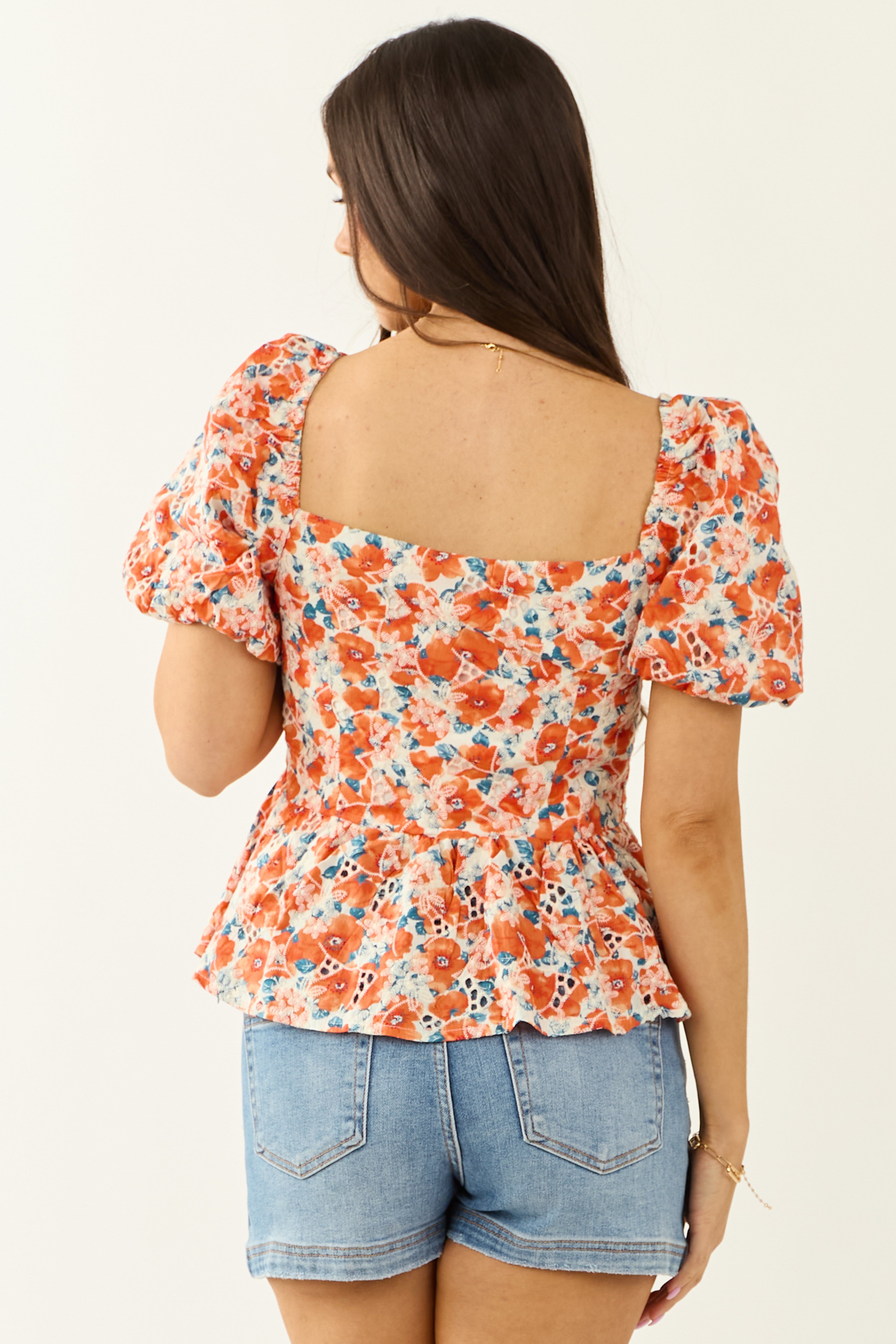 Lovelo Fire Floral Print Short Puff Sleeve Cotton Top