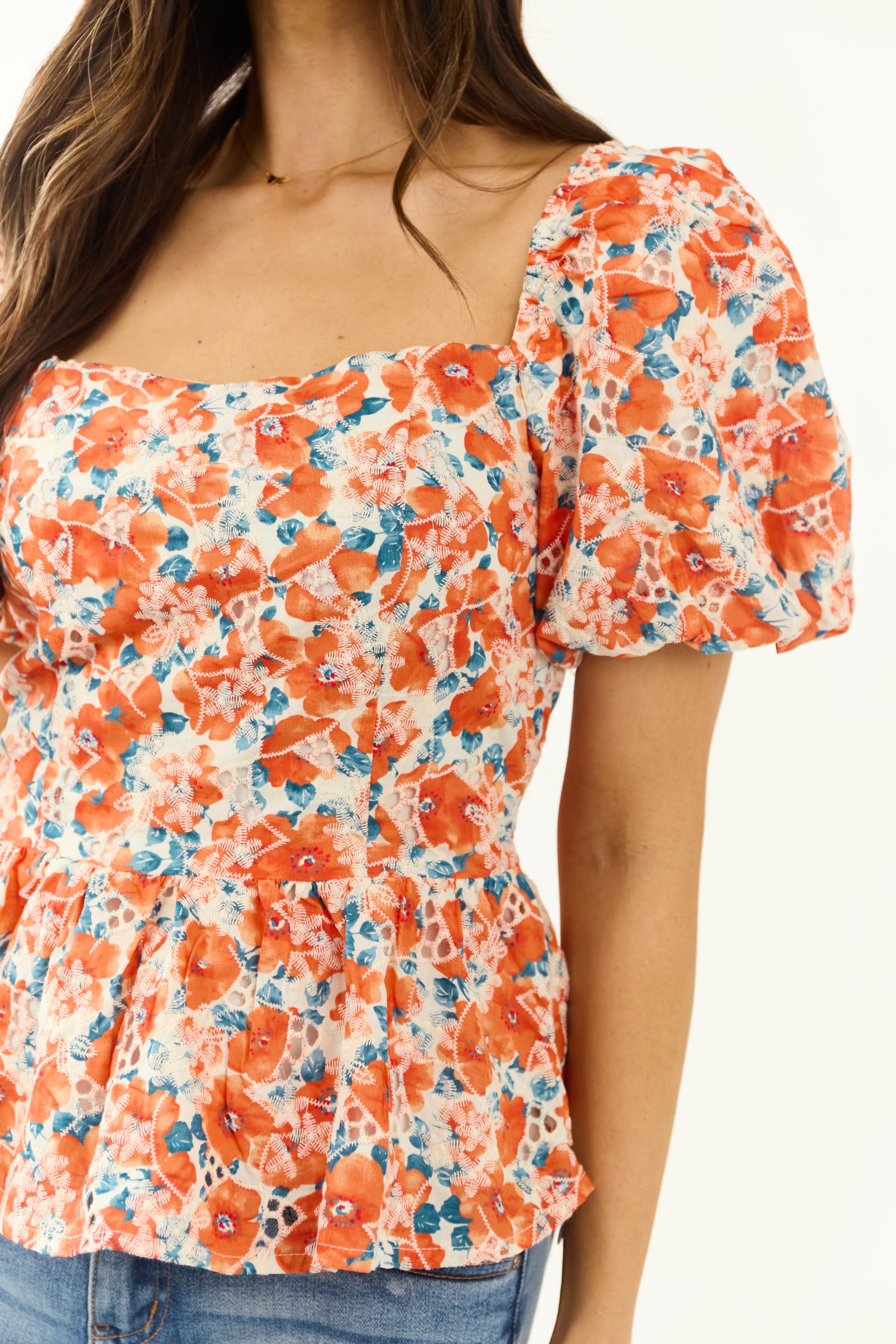 Lovelo Fire Floral Print Short Puff Sleeve Cotton Top