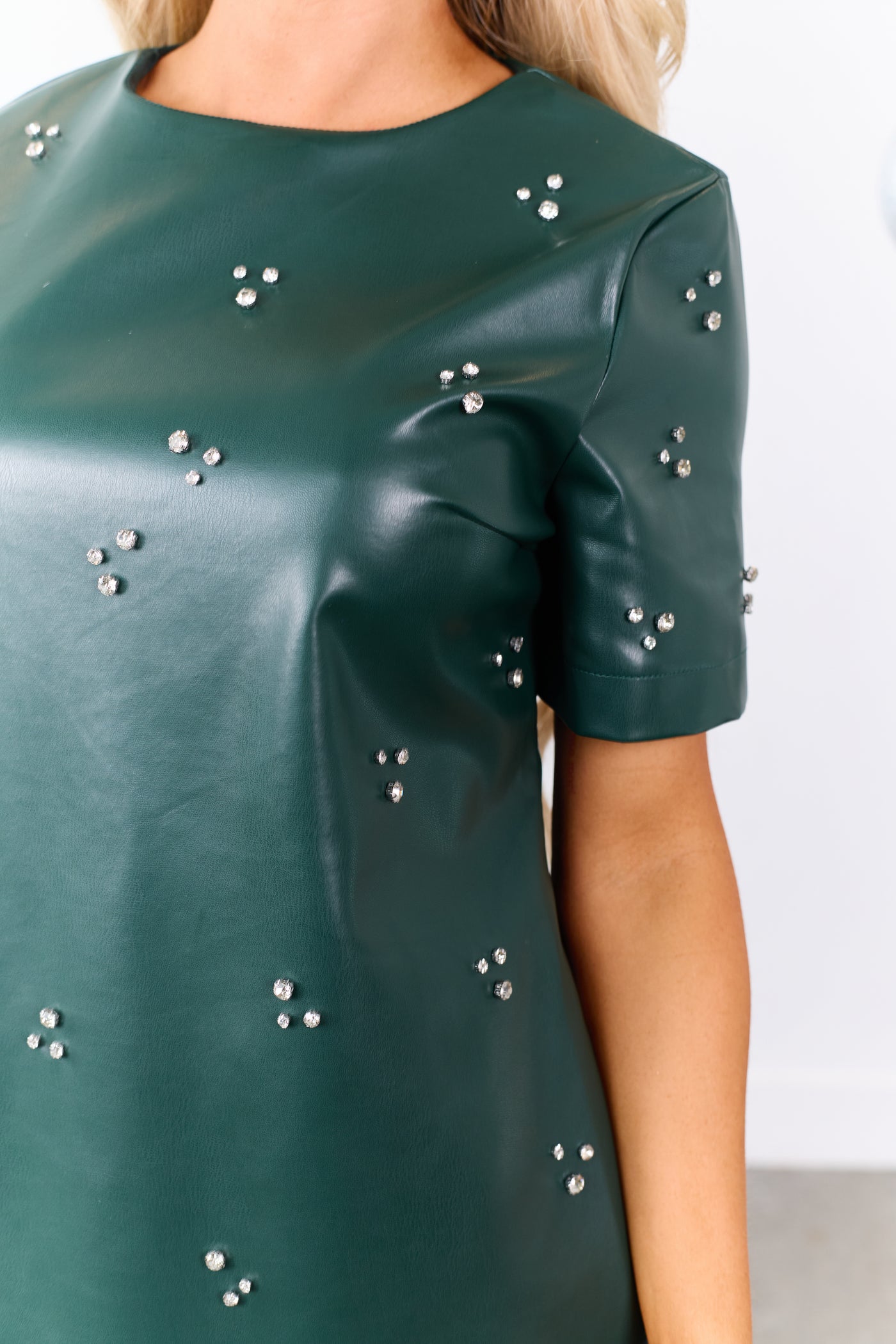 Lovelo Forest Green Faux Leather Rhinestone Mini Dress Lovelo Forest Green Faux Leather Rhinestone Mini Dress