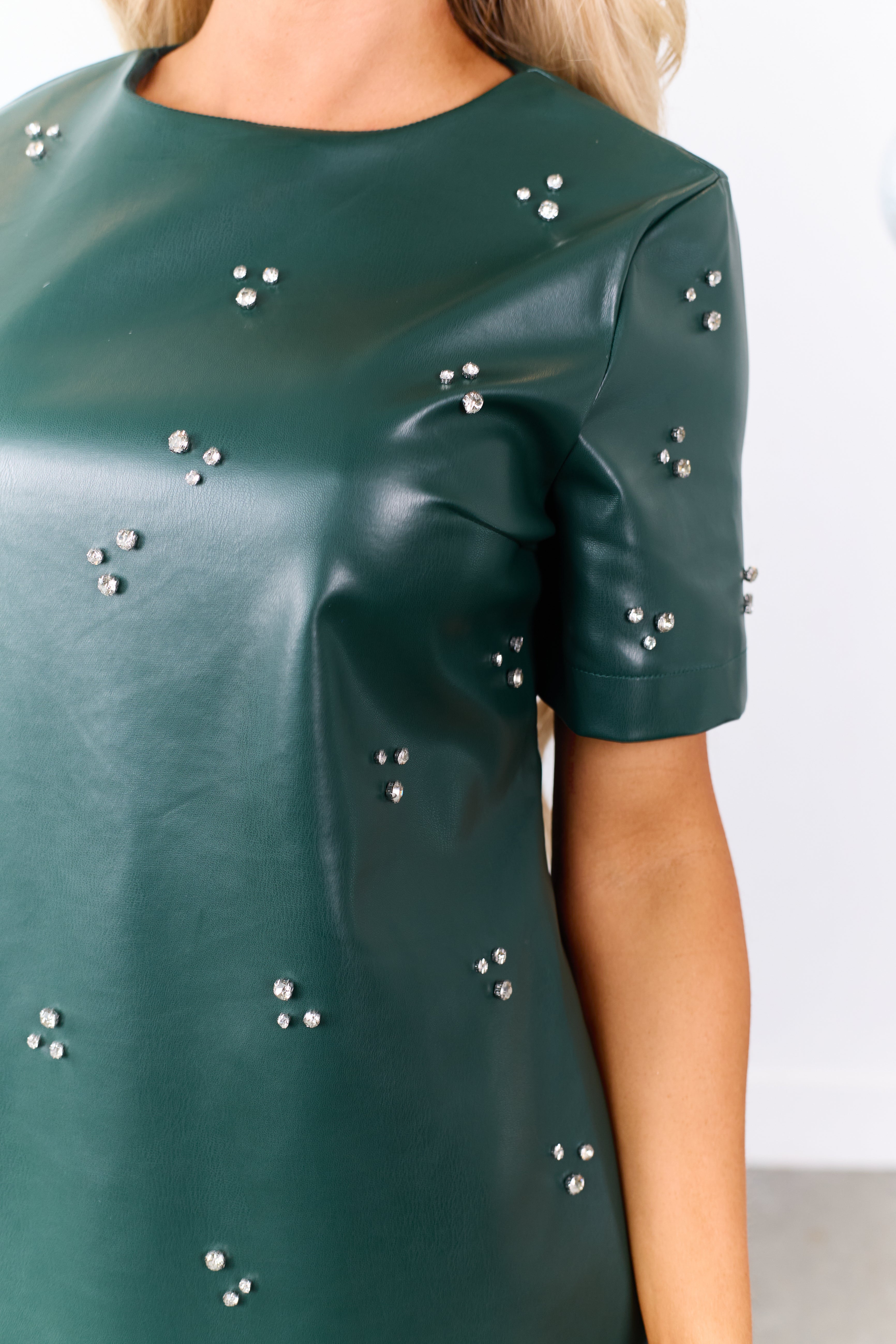 Lovelo Forest Green Faux Leather Rhinestone Mini Dress