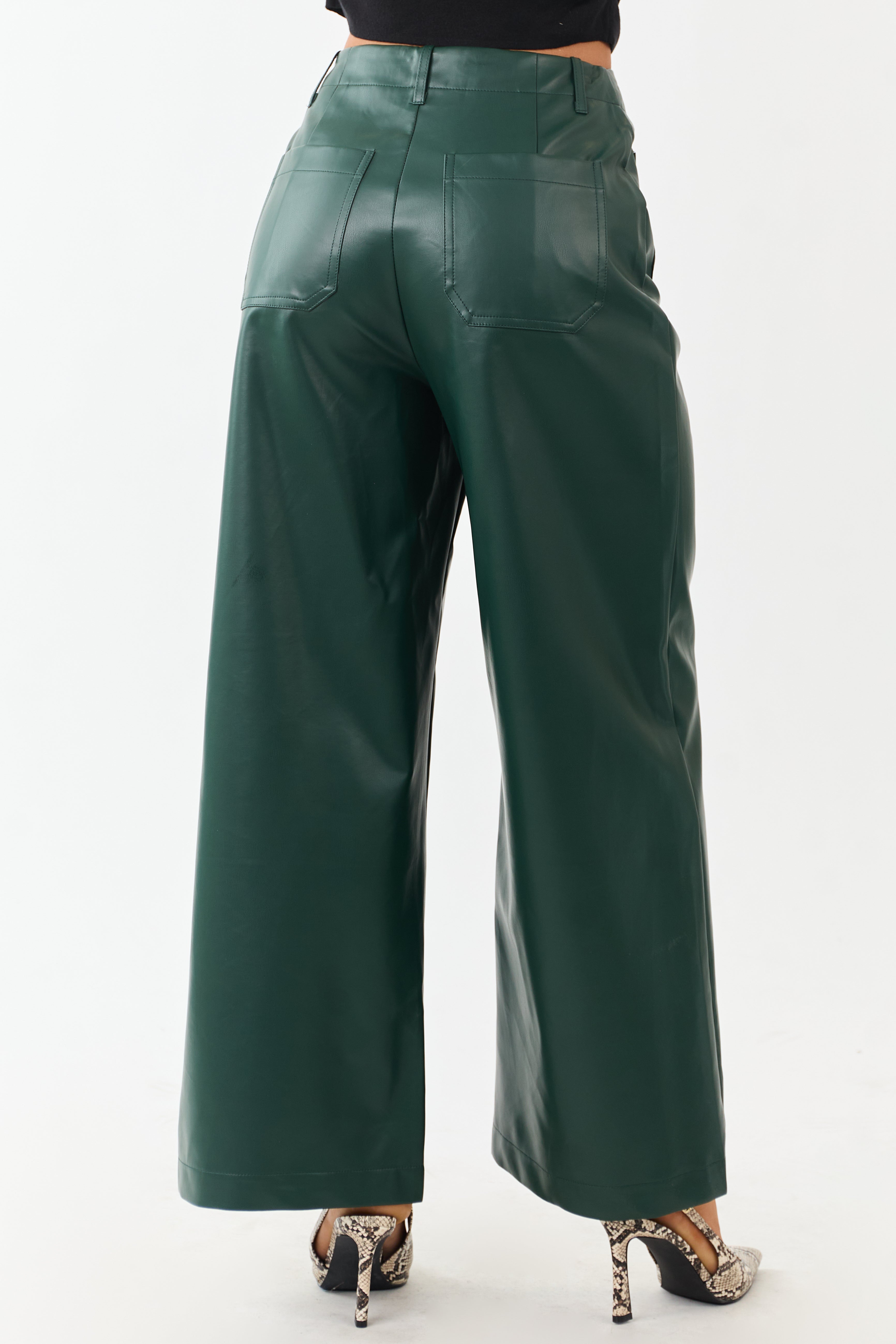 Lovelo Forest Green Faux Leather Wide Leg Pants