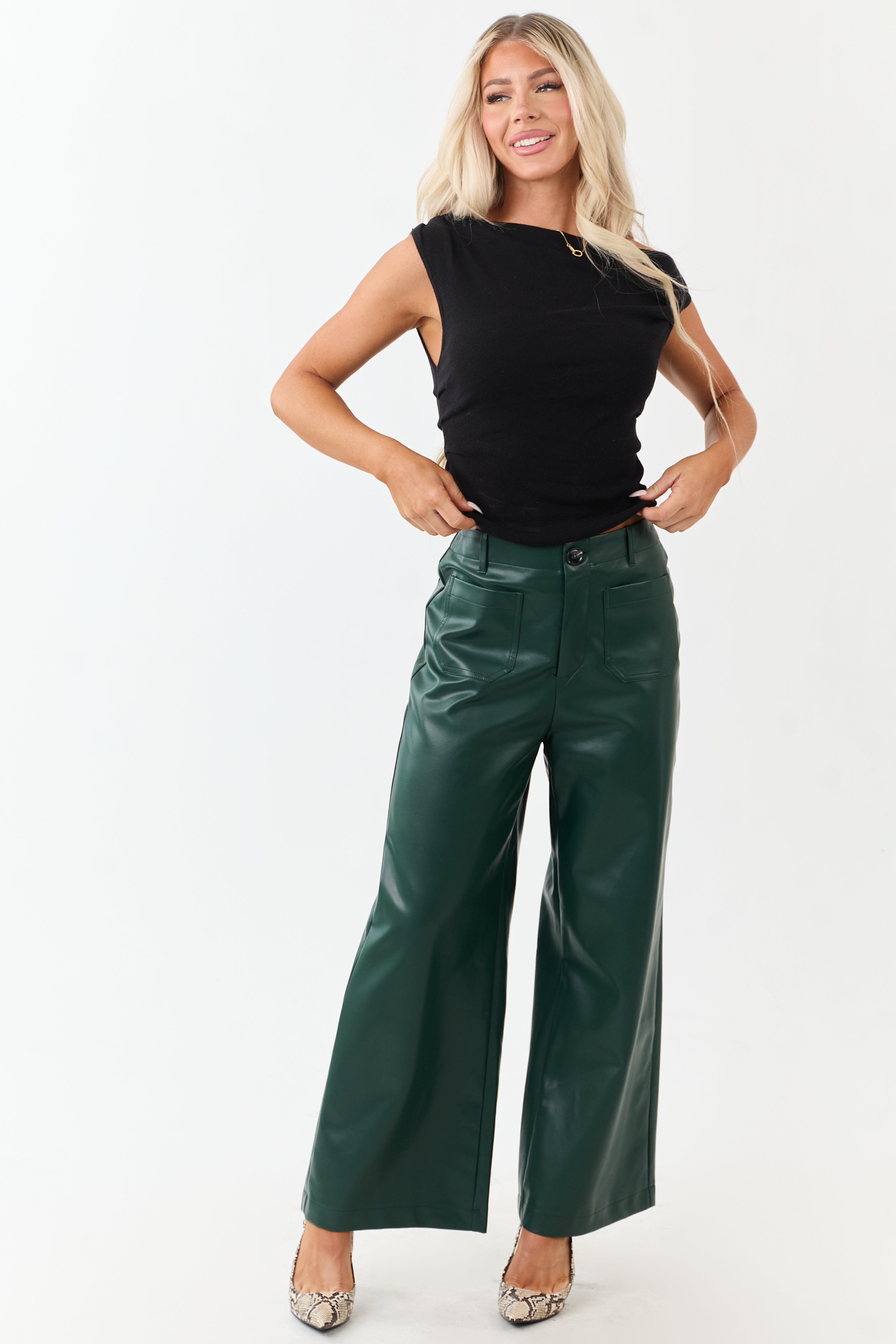 Lovelo Forest Green Faux Leather Wide Leg Pants