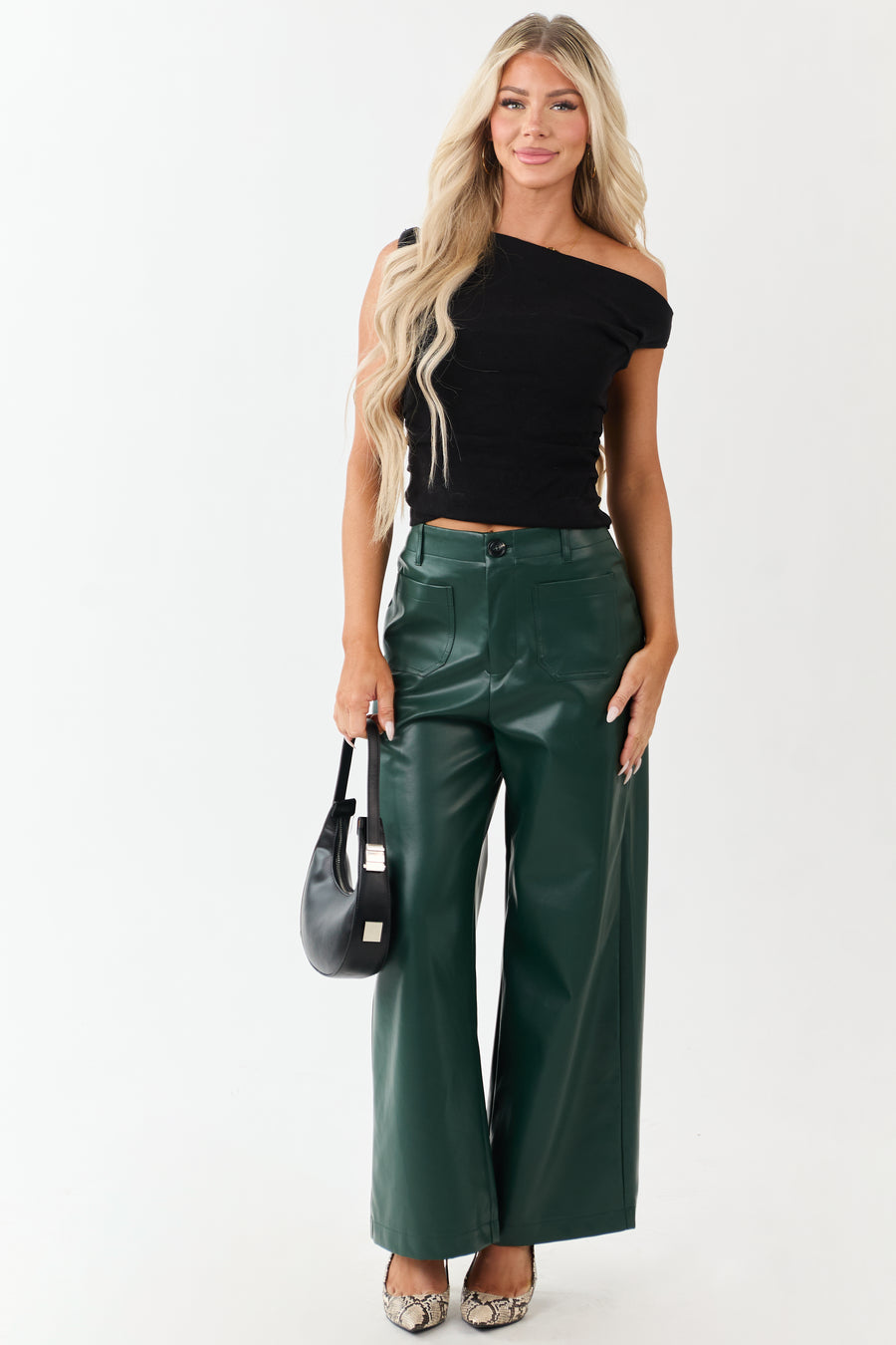 Lovelo Forest Green Faux Leather Wide Leg Pants
