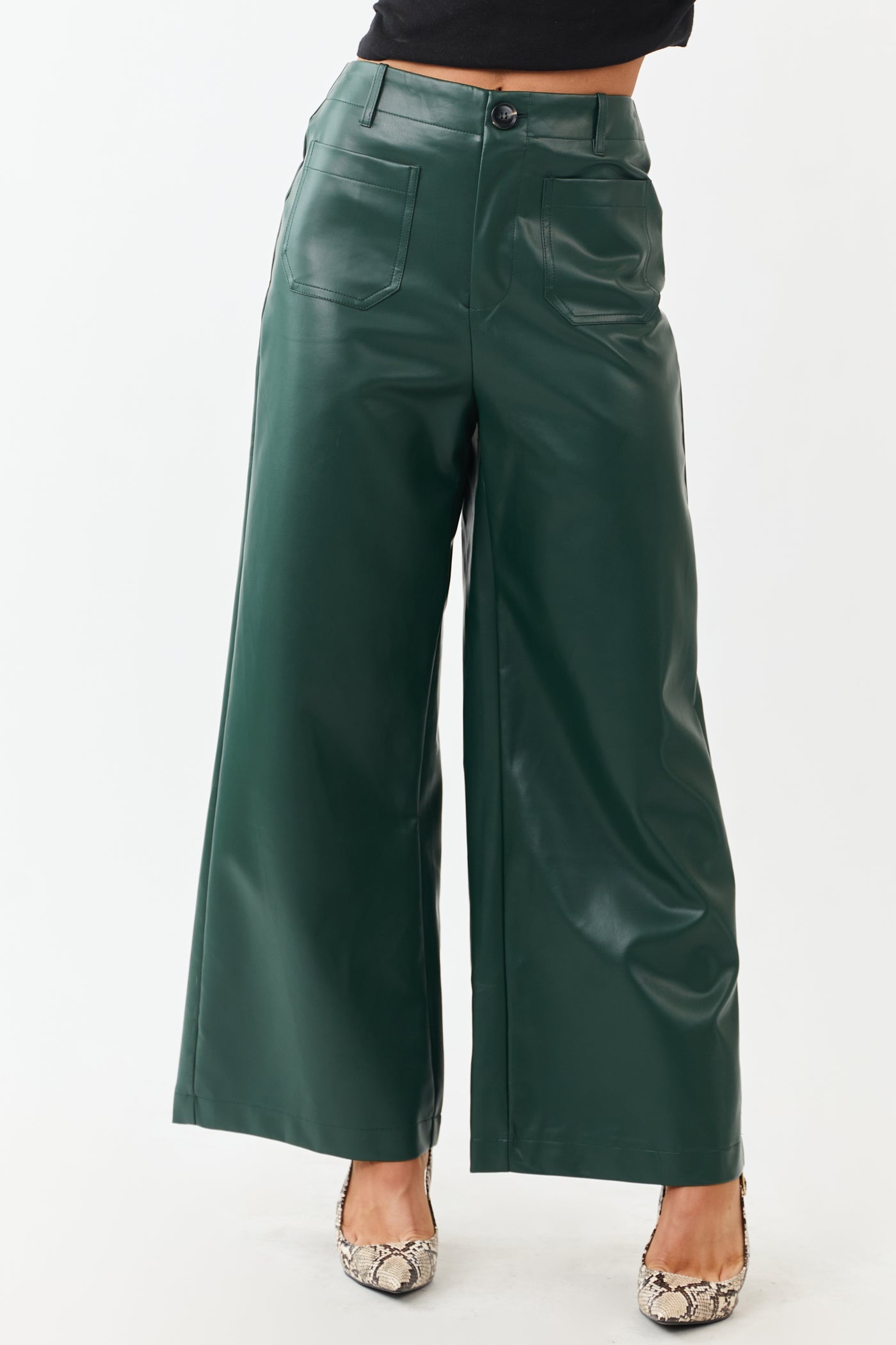 Lovelo Forest Green Faux Leather Wide Leg Pants