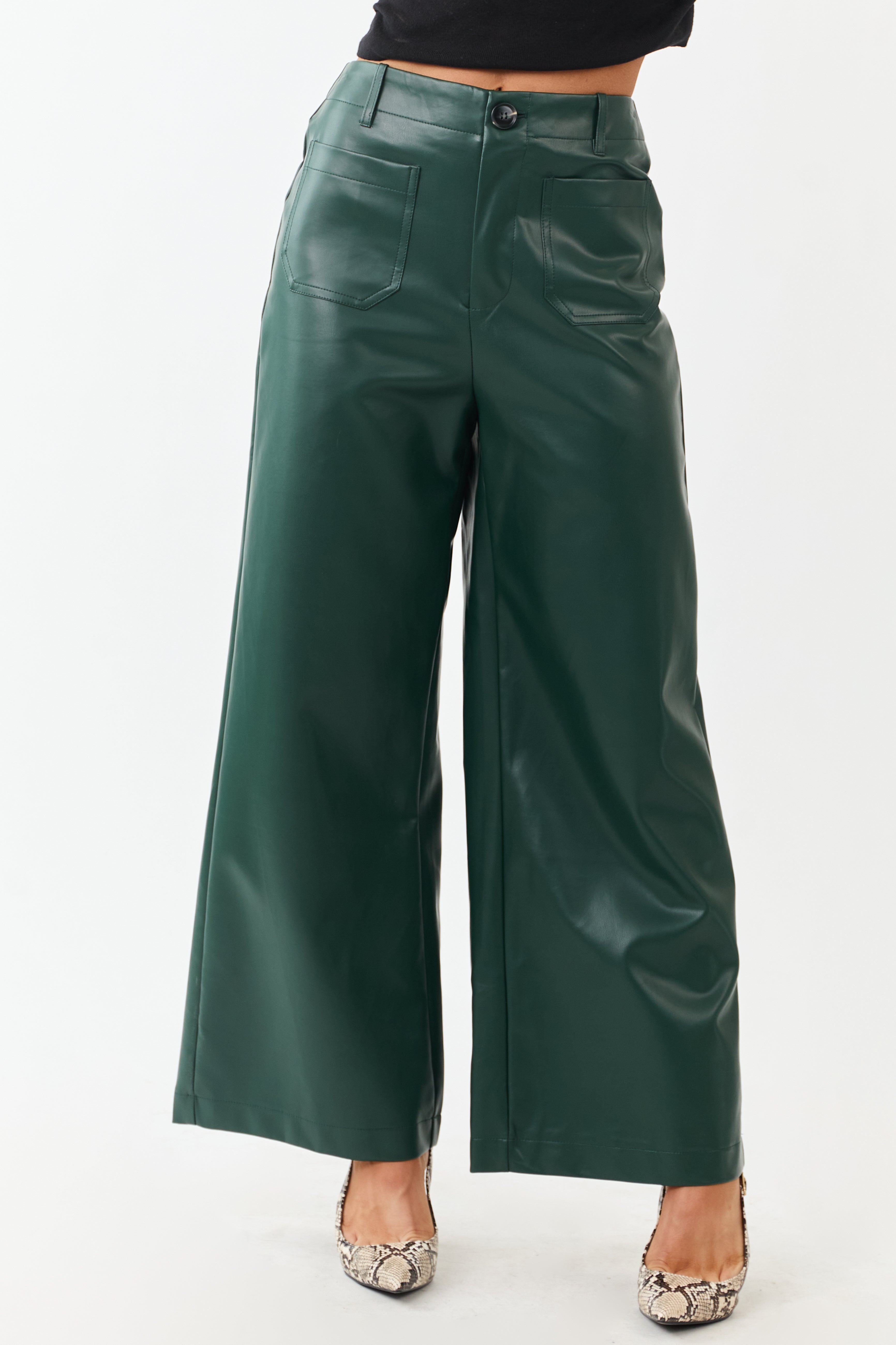 Lovelo Forest Green Faux Leather Wide Leg Pants