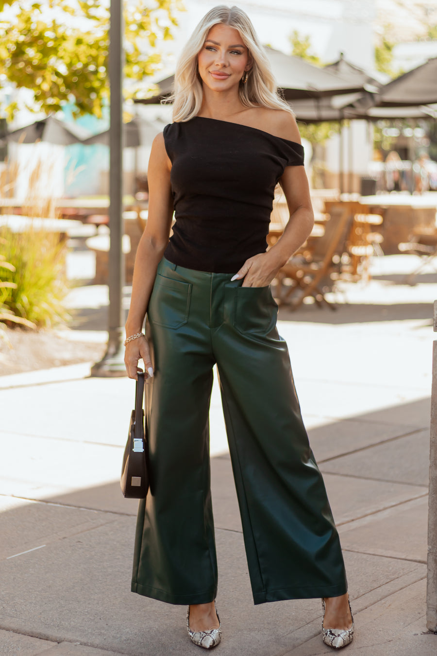 Lovelo Forest Green Faux Leather Wide Leg Pants
