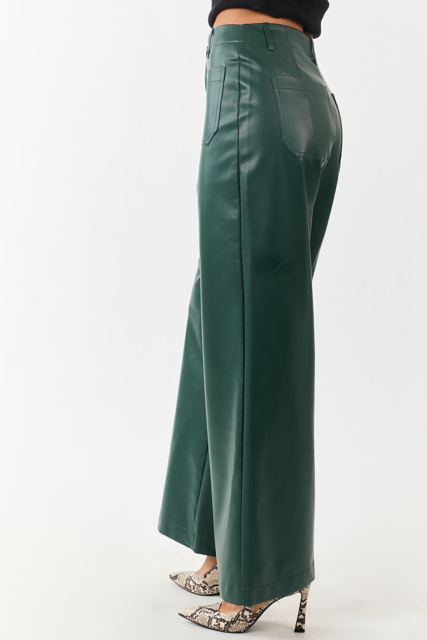 Lovelo Forest Green Faux Leather Wide Leg Pants