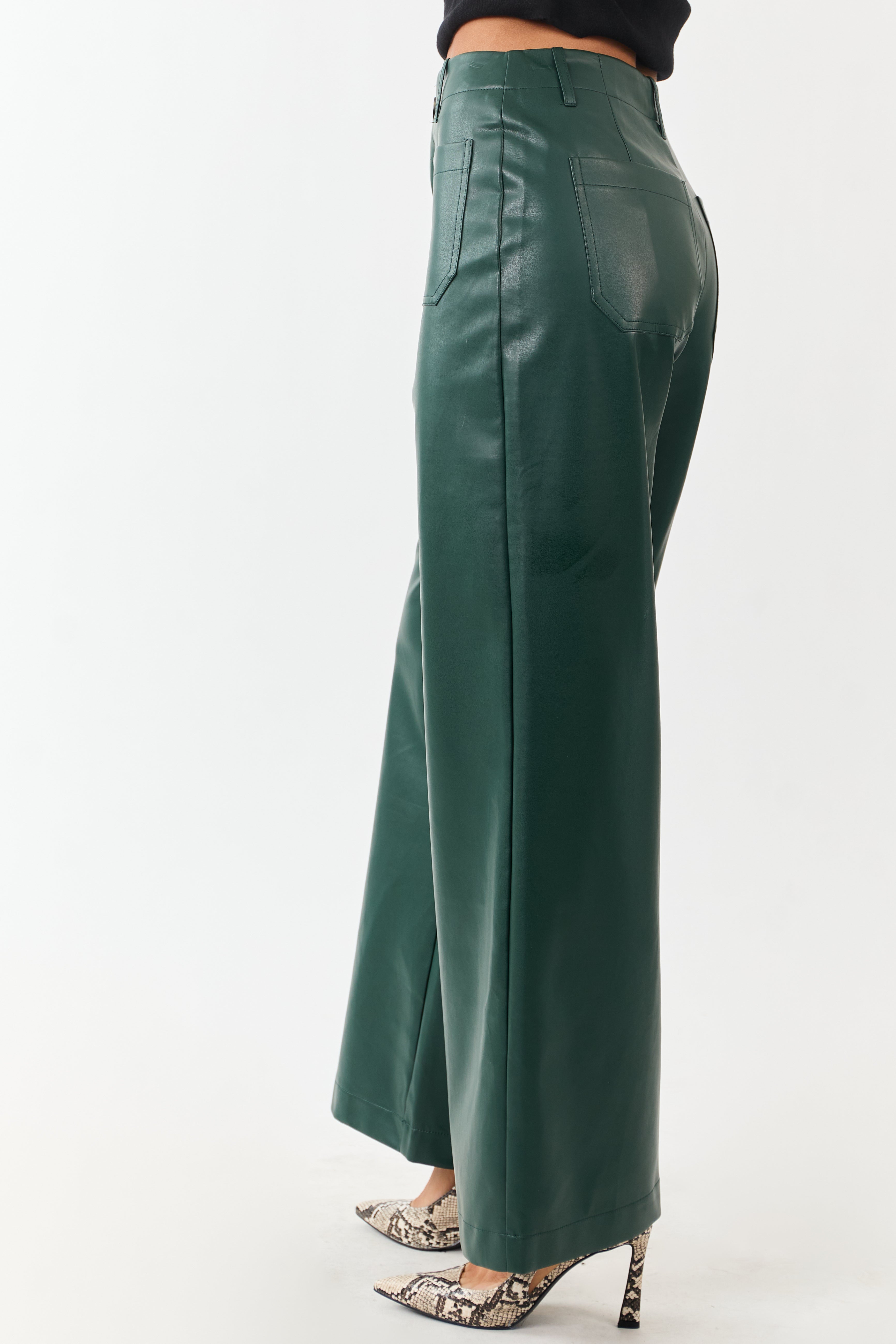 Lovelo Forest Green Faux Leather Wide Leg Pants