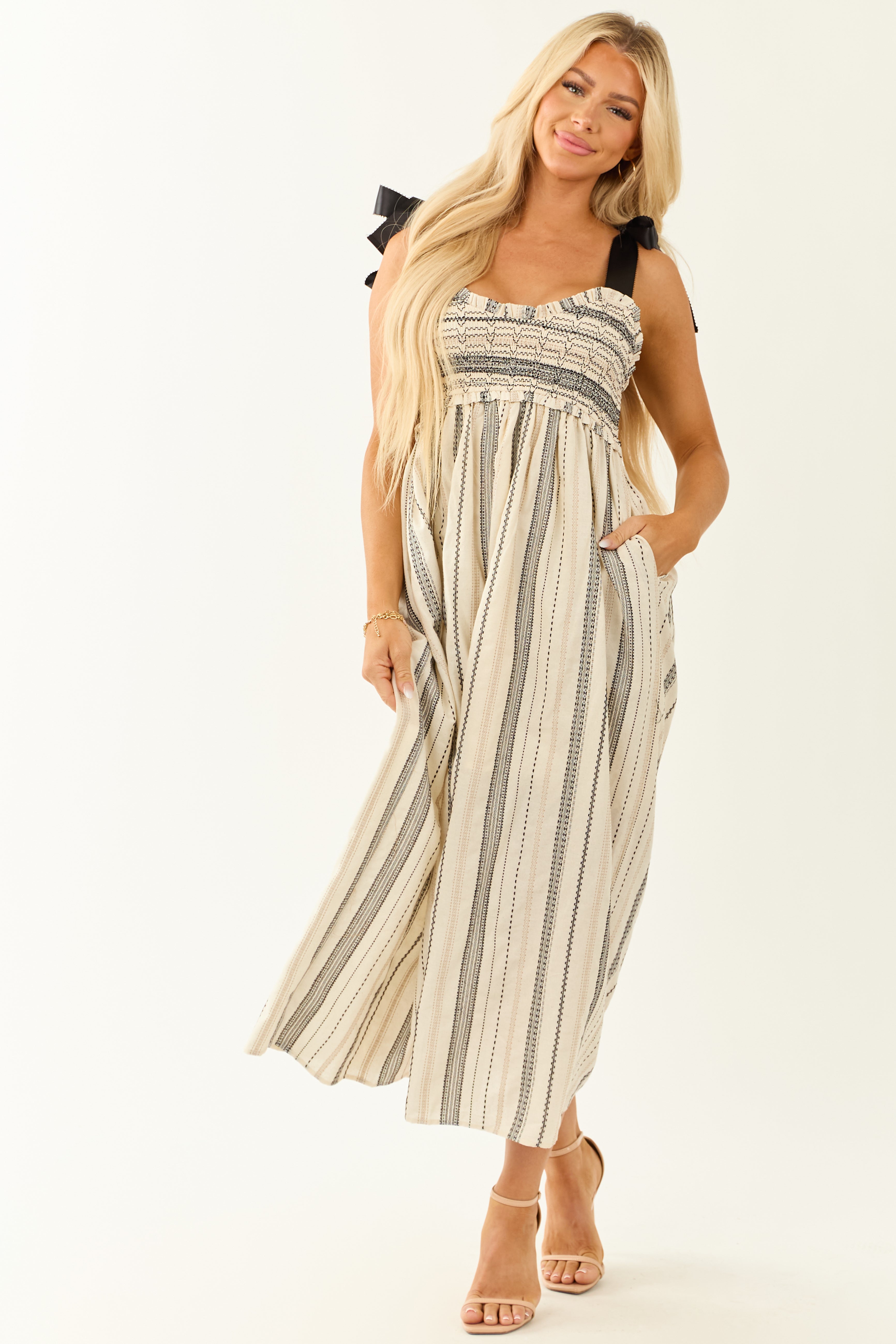 Lovelo Ivory Abstract Print Ribbon Strap Maxi Dress