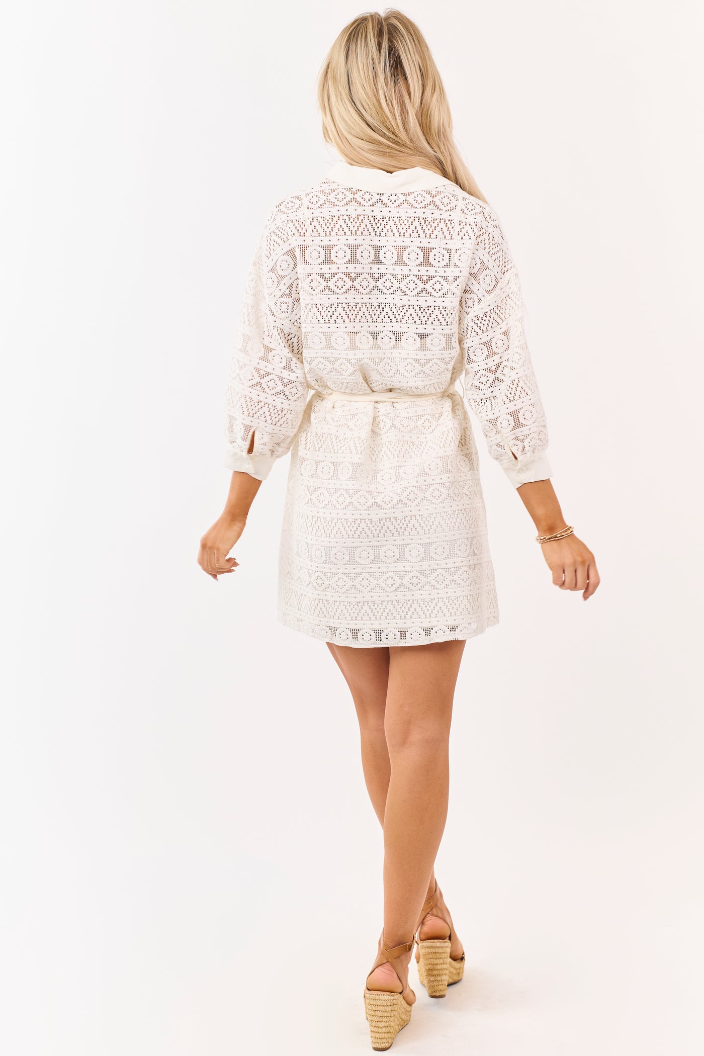 Lovelo Ivory Lace Button Up Waist Tie Mini Dress