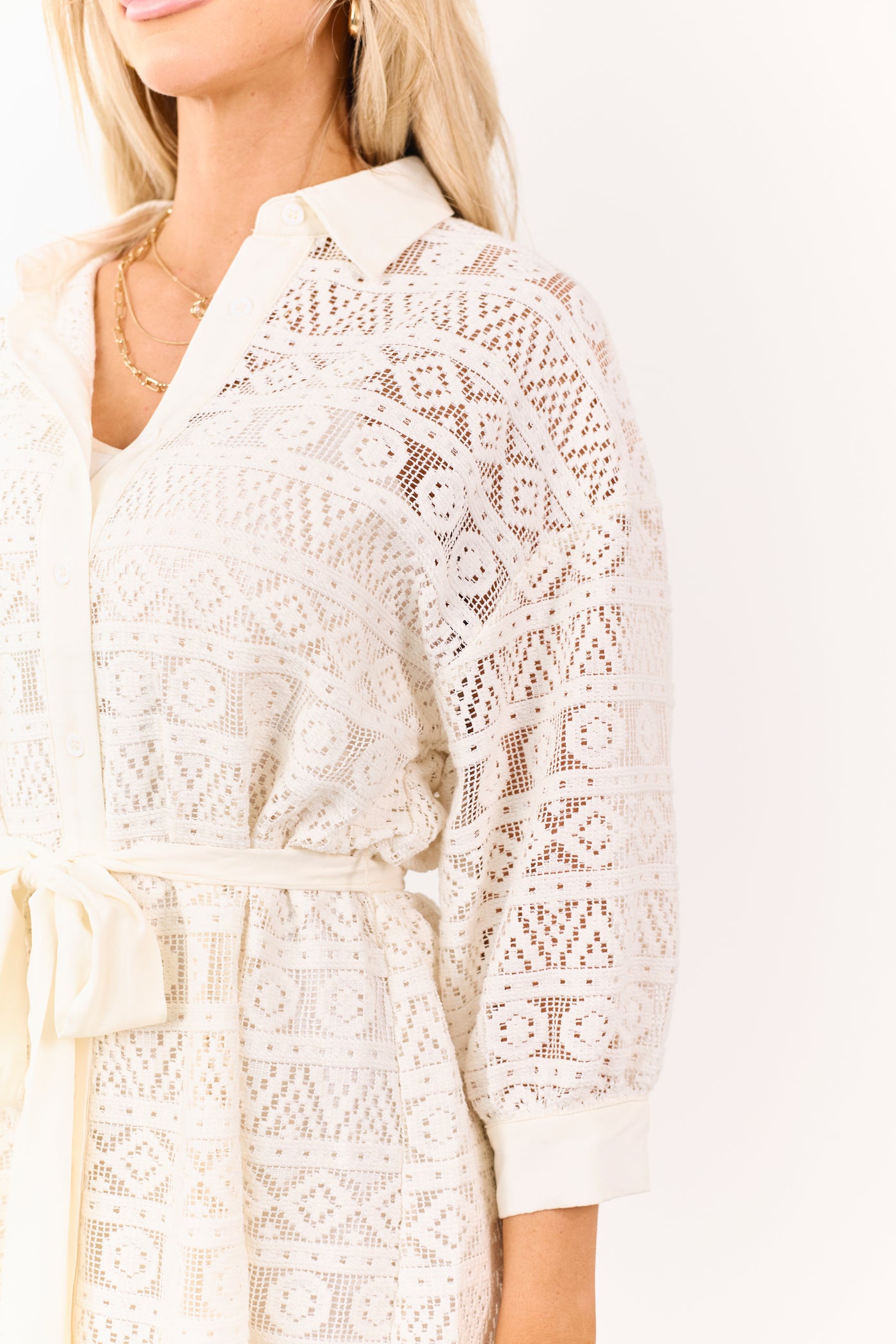 Lovelo Ivory Lace Button Up Waist Tie Mini Dress