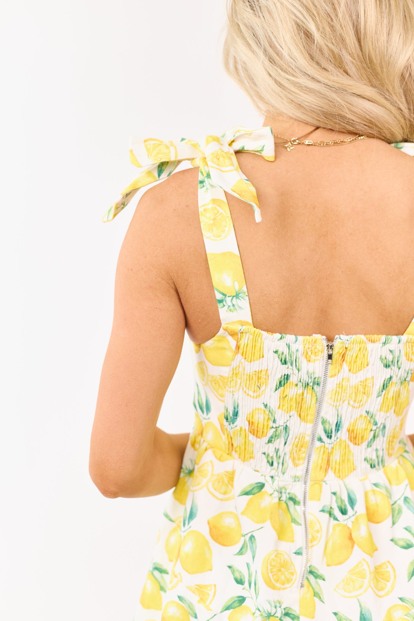 Lovelo Ivory Lemon Print Denim Sleeveless Mini Dress Lovelo Ivory Lemon Print Denim Sleeveless Mini Dress