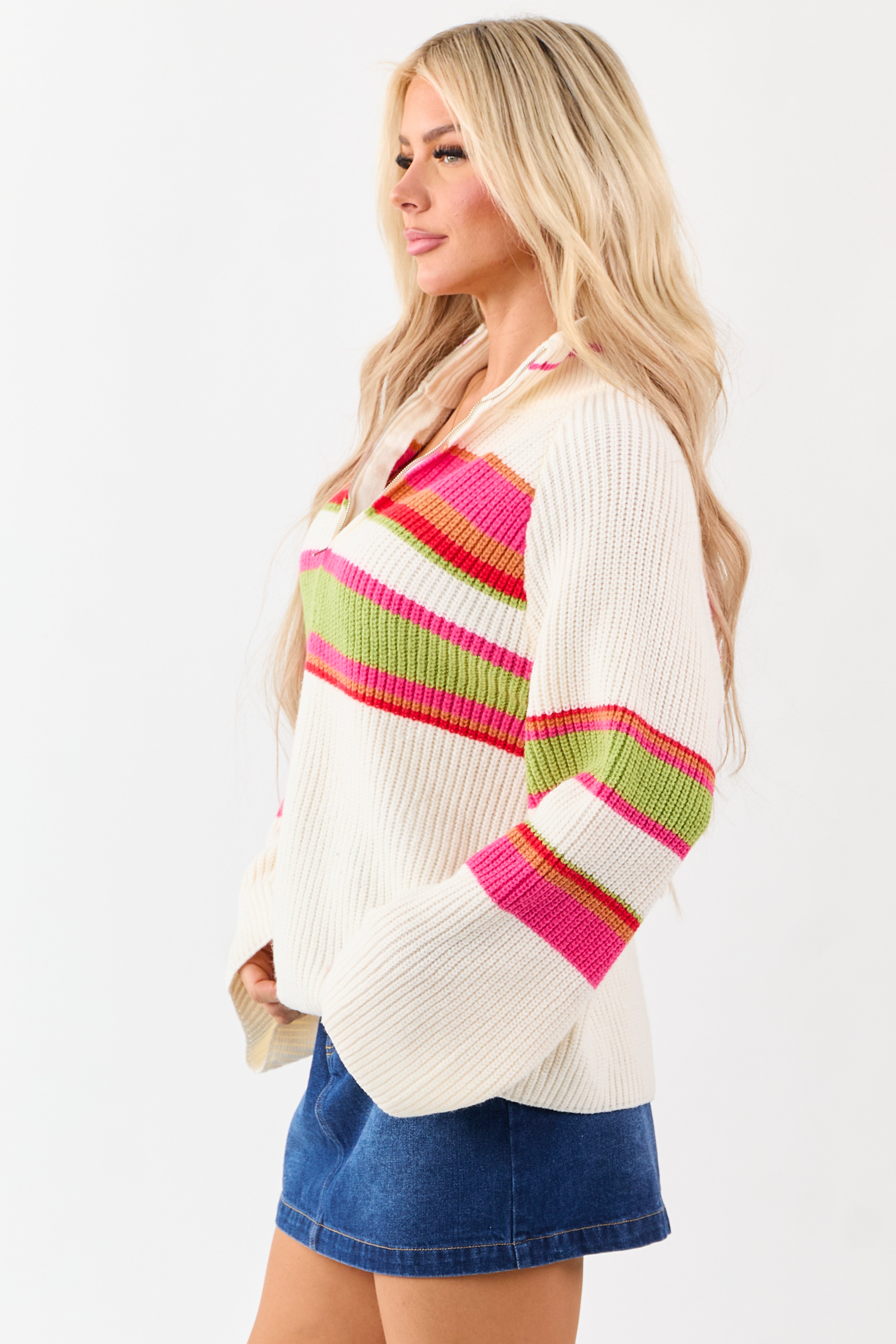 Lovelo Ivory Striped Half Zip Up Pullover Sweater