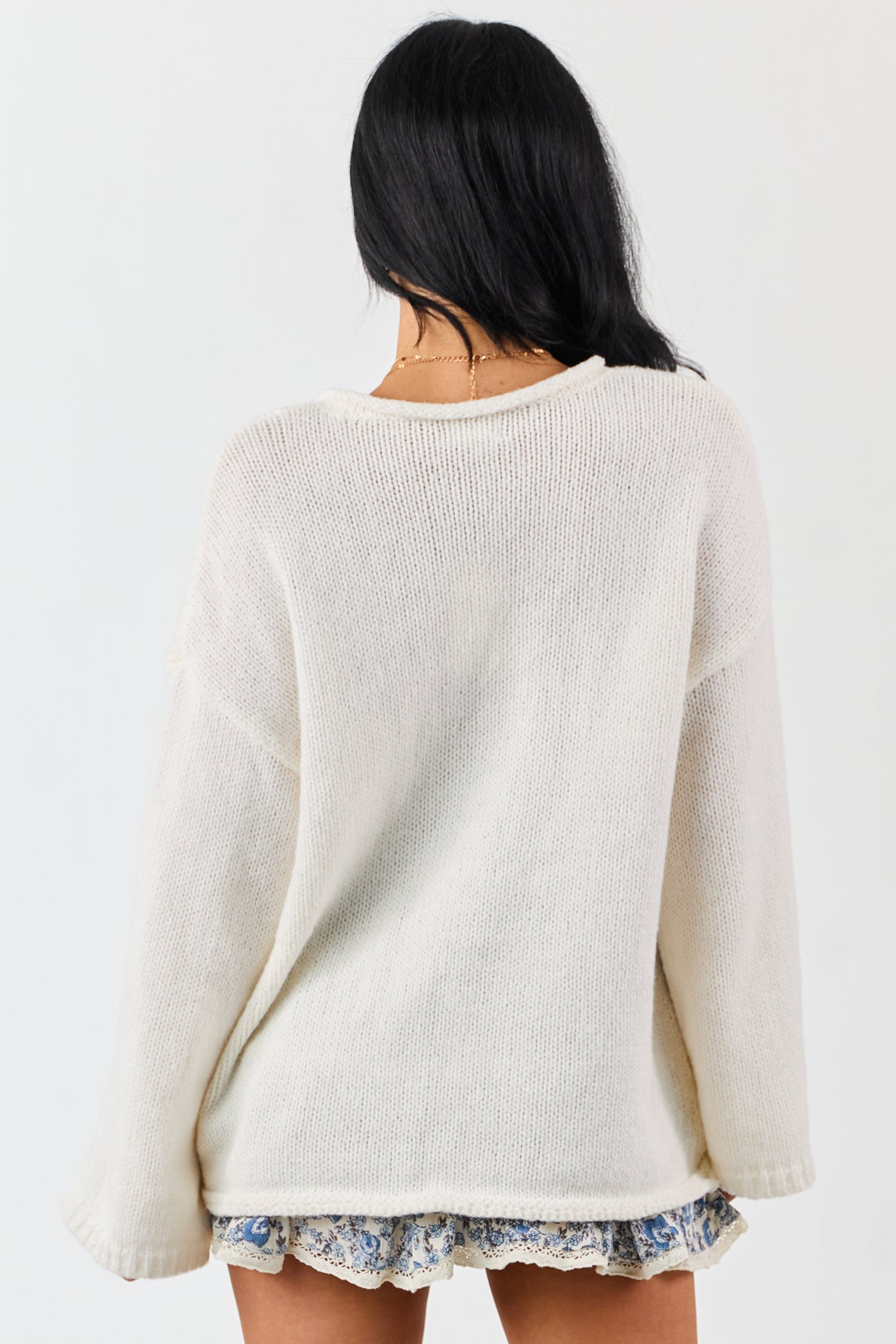 Lovelo Ivory V Neck Long Sleeve Chunky Knit Sweater