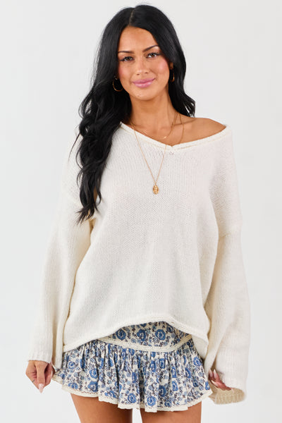 Lovelo Ivory V Neck Long Sleeve Chunky Knit Sweater