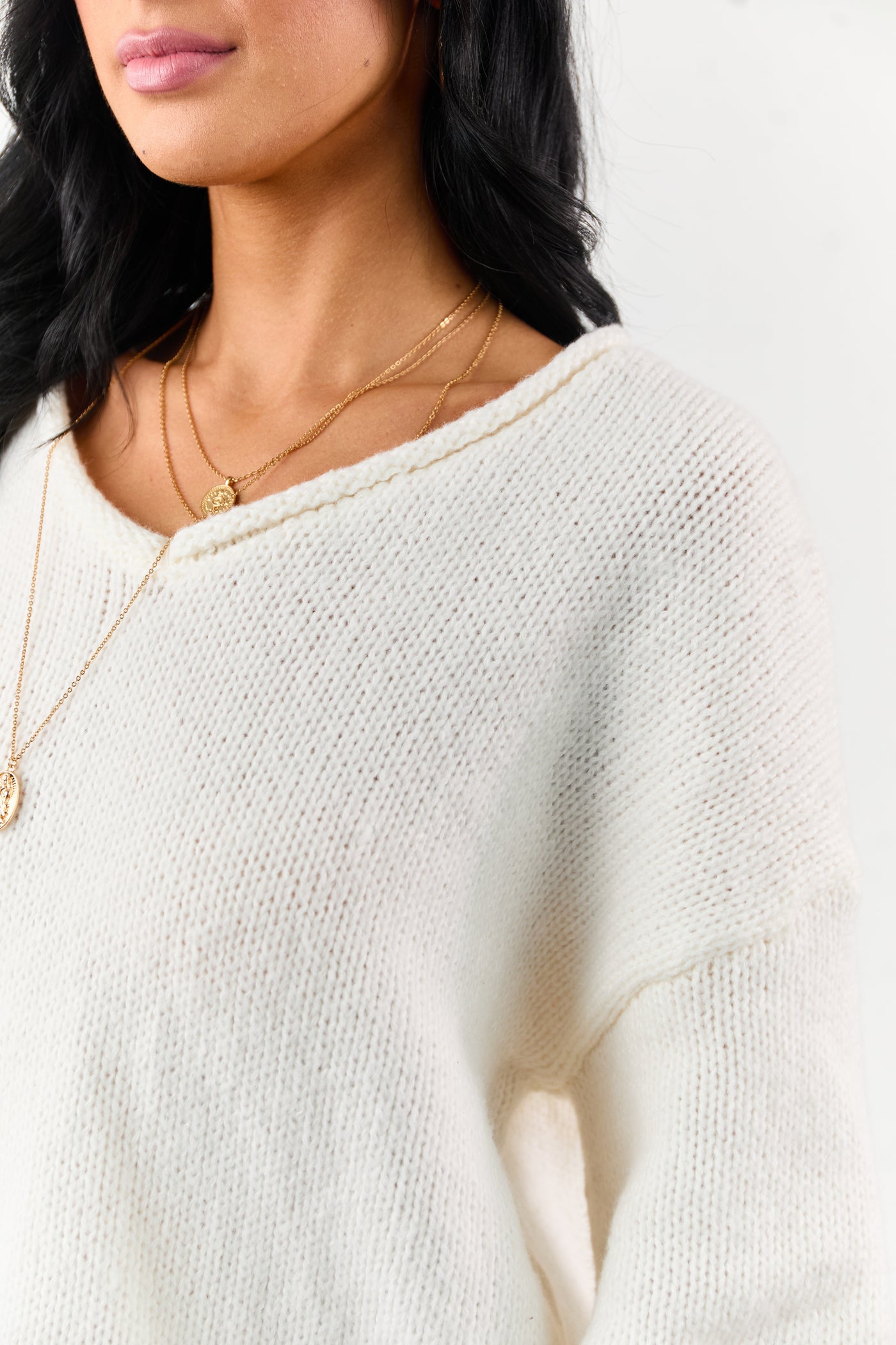 Lovelo Ivory V Neck Long Sleeve Chunky Knit Sweater