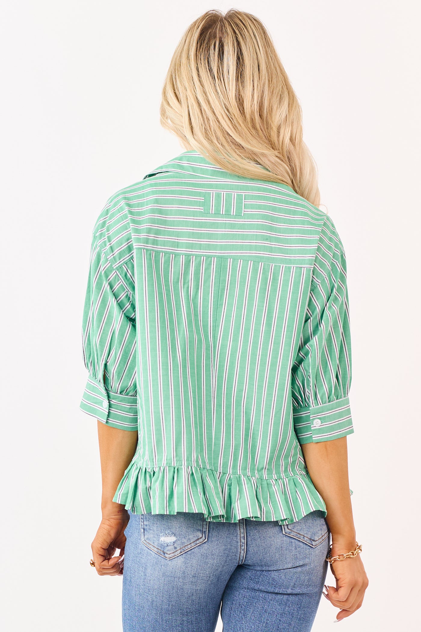 Lovelo Jade Cotton Striped Button Up Half Sleeve Top