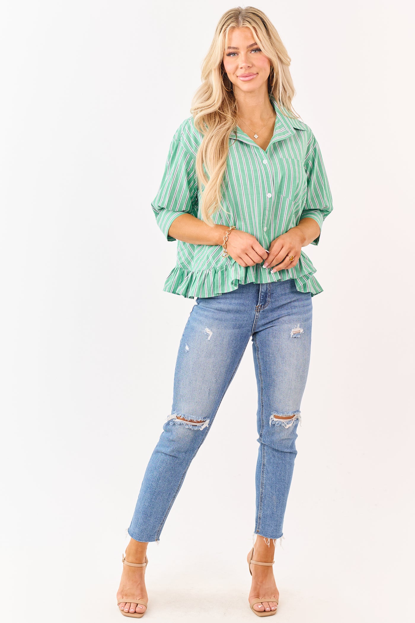 Lovelo Jade Cotton Striped Button Up Half Sleeve Top