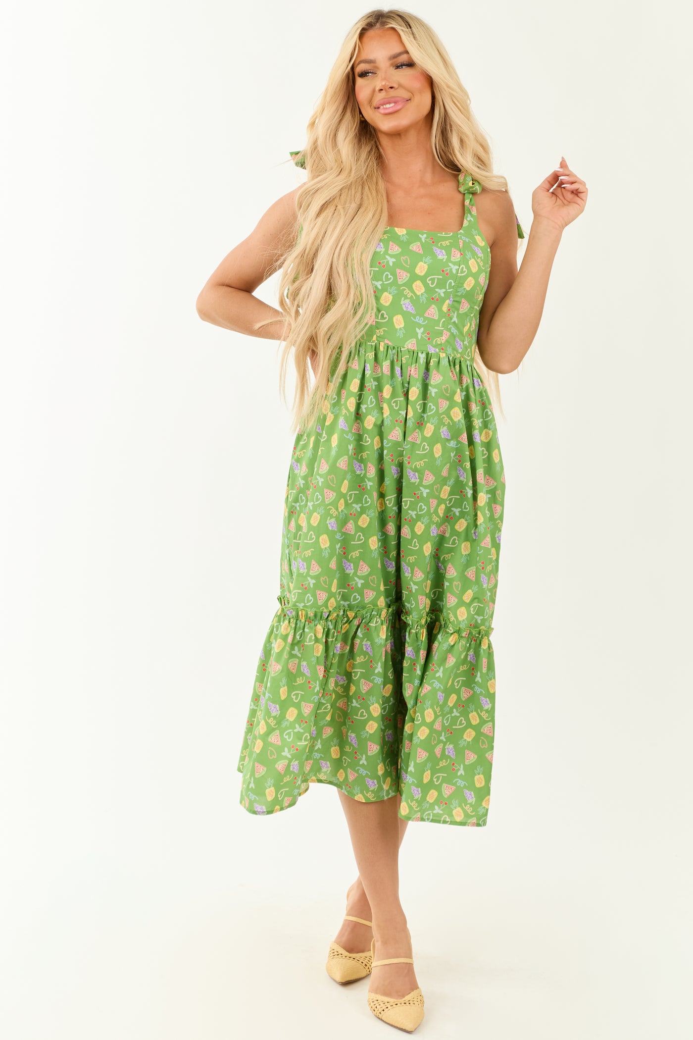 fruit midi dress Lola Tropical Fruit Print Tie-Back Midi Dress M