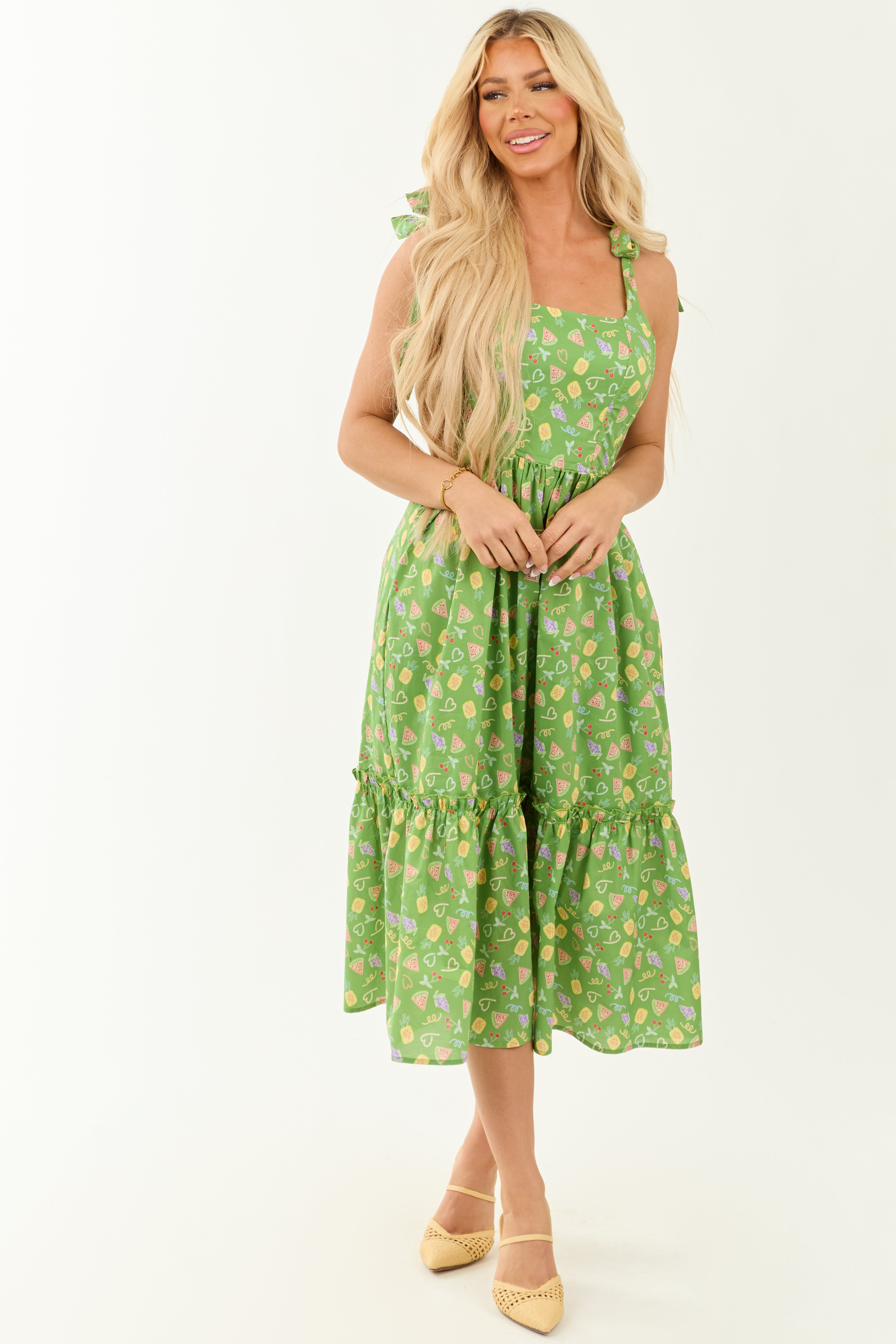 Lovelo Kelly Green Fruit Print Tie Strap Midi Dress Lovelo Kelly Green Fruit Print Tie Strap Midi Dress