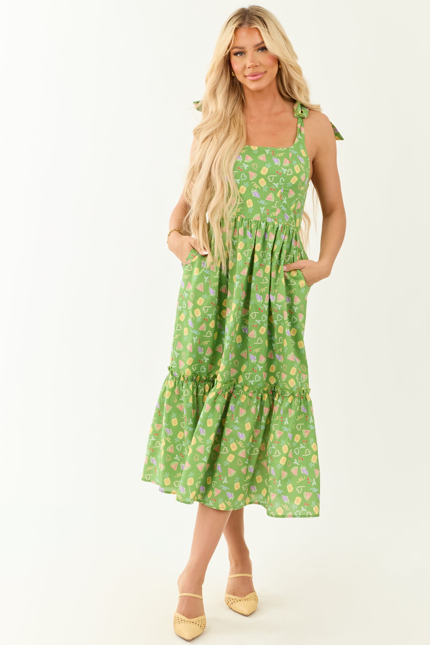 Lovelo Kelly Green Fruit Print Tie Strap Midi Dress Lovelo Kelly Green Fruit Print Tie Strap Midi Dress