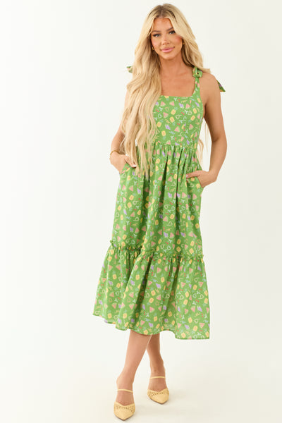 Lovelo Kelly Green Fruit Print Tie Strap Midi Dress