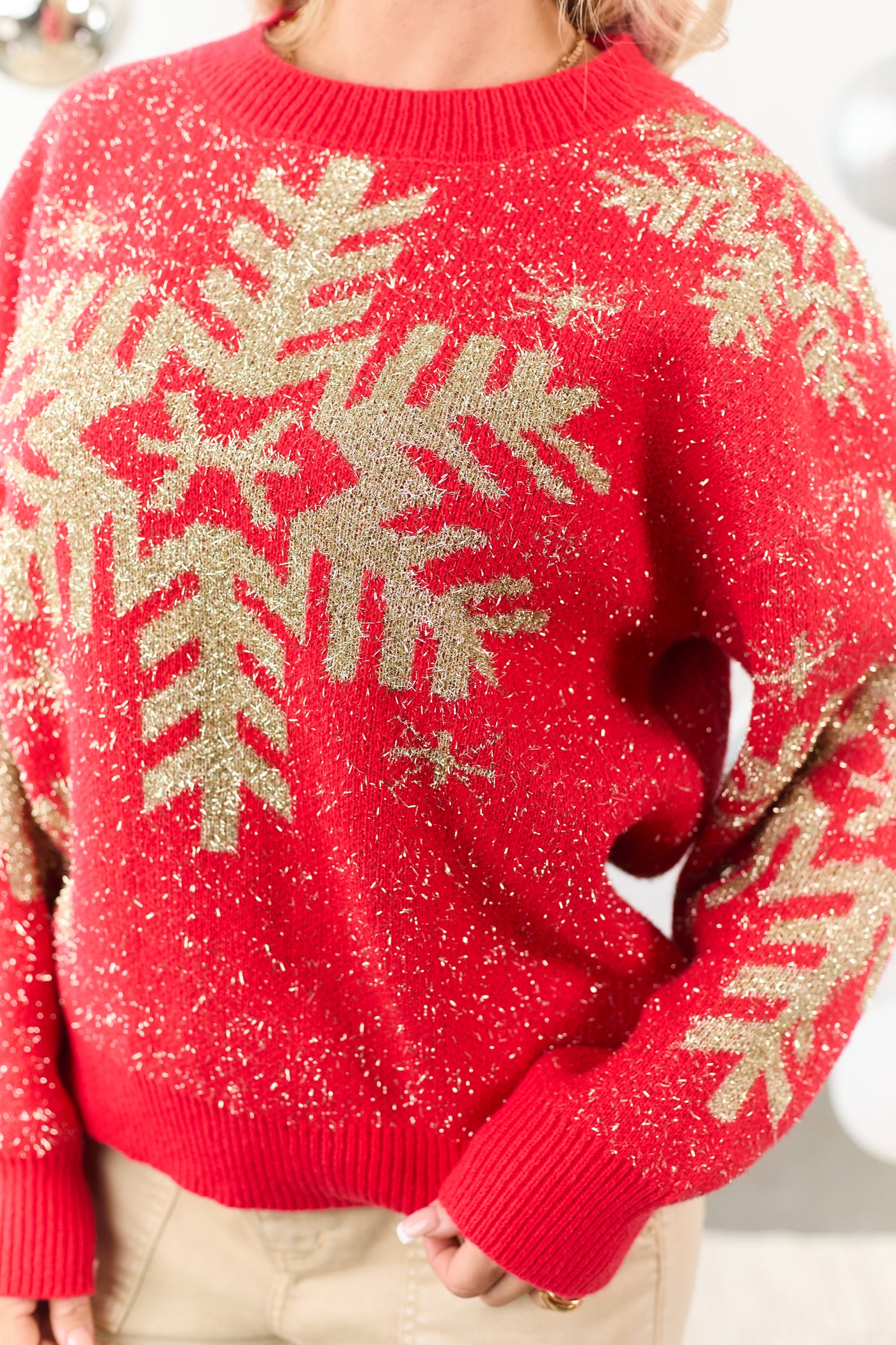 Lovelo Lipstick Metallic Snowflake Relaxed Sweater