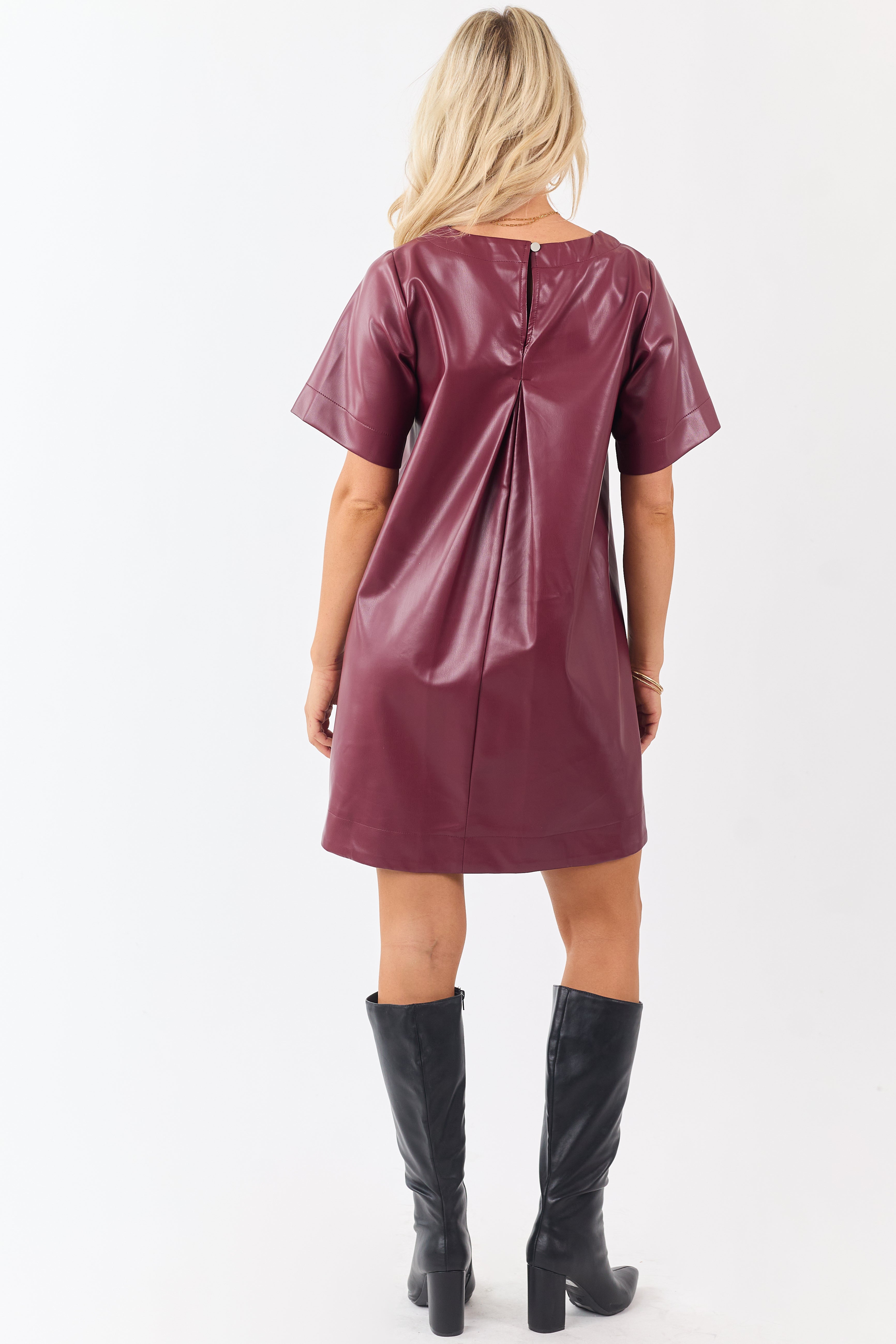 Lovelo Maroon Faux Leather Short Sleeve Mini Dress