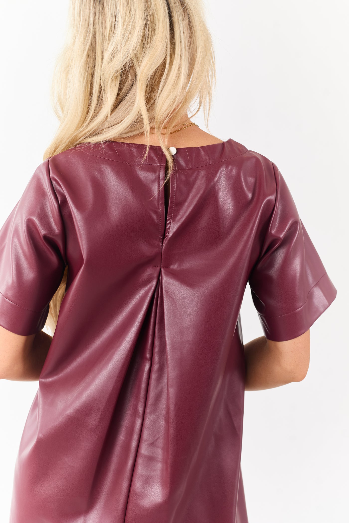 Lovelo Maroon Faux Leather Short Sleeve Mini Dress